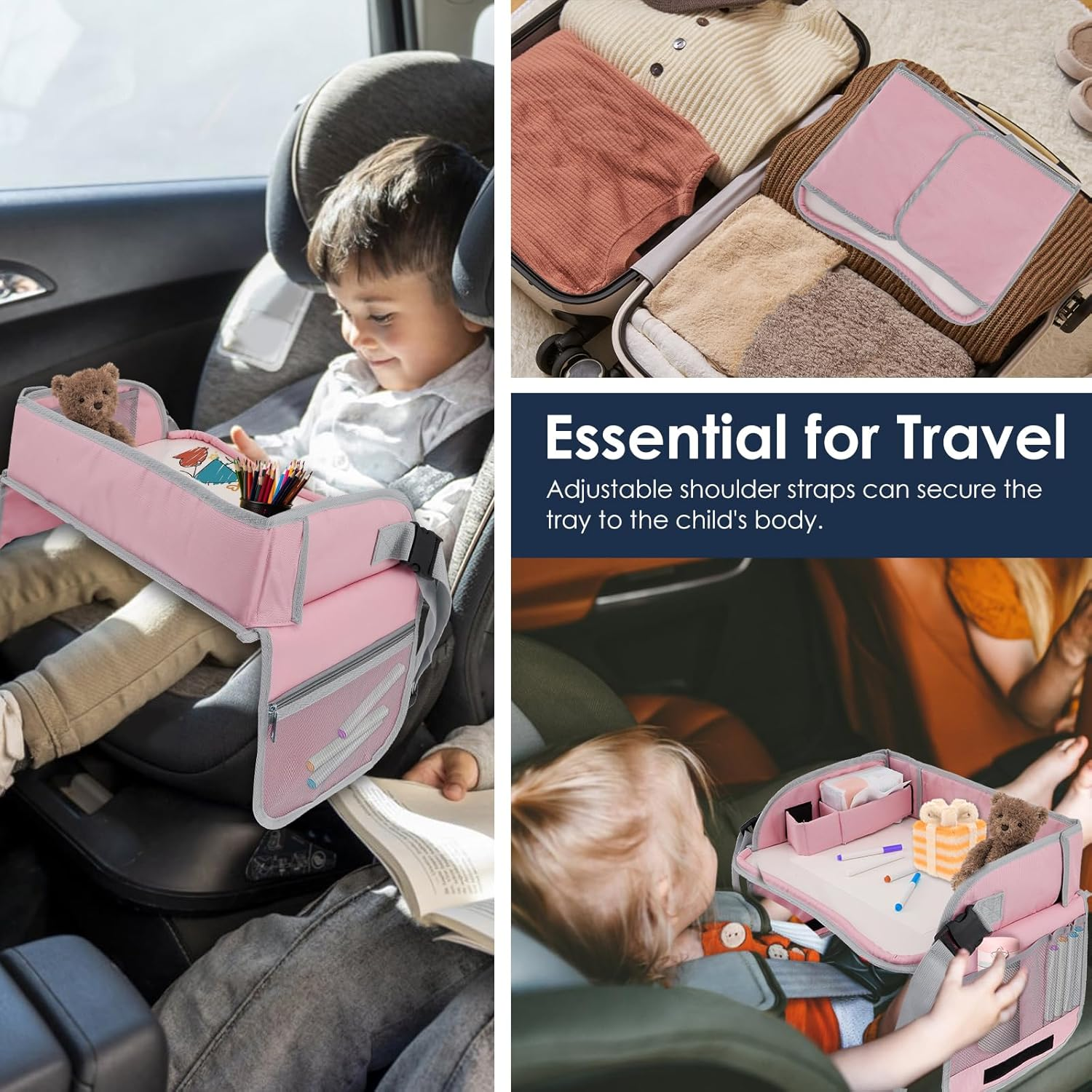 Car Seat Tray Enduring Kids Travel Tray Easy to Install Car Seat Table Tray with Adjustable Strap Portable Easy to Clean Car Seat Tray for Kids Travel Toddlers (Pink) image number 6