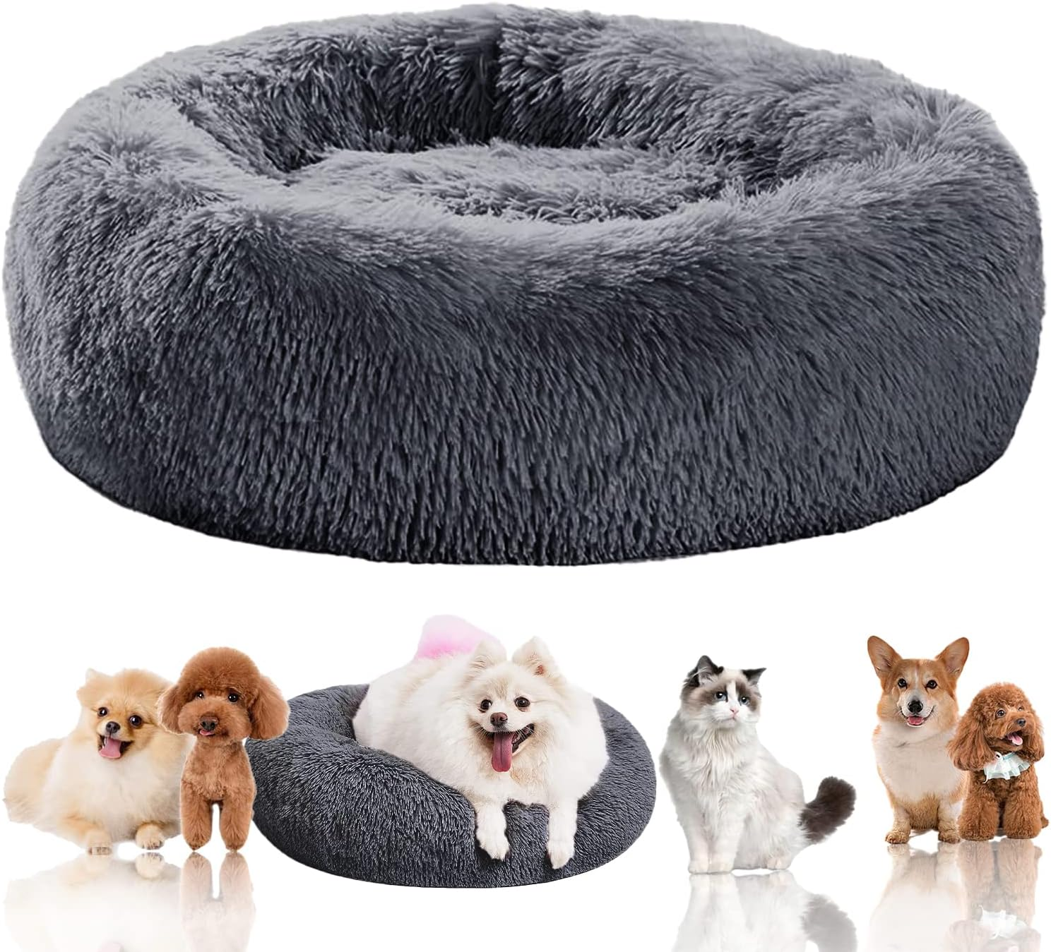 Calming Dog Bed, Cat Bed Pet Bed Pet Mat round Fluffy Soft Non-Slip Pet Bed for Indoor Machine Washable Donut Self Warming Calming Pet Nest for Small Dogs Kittens,Dog Nest (D60Cm, Light Grey)