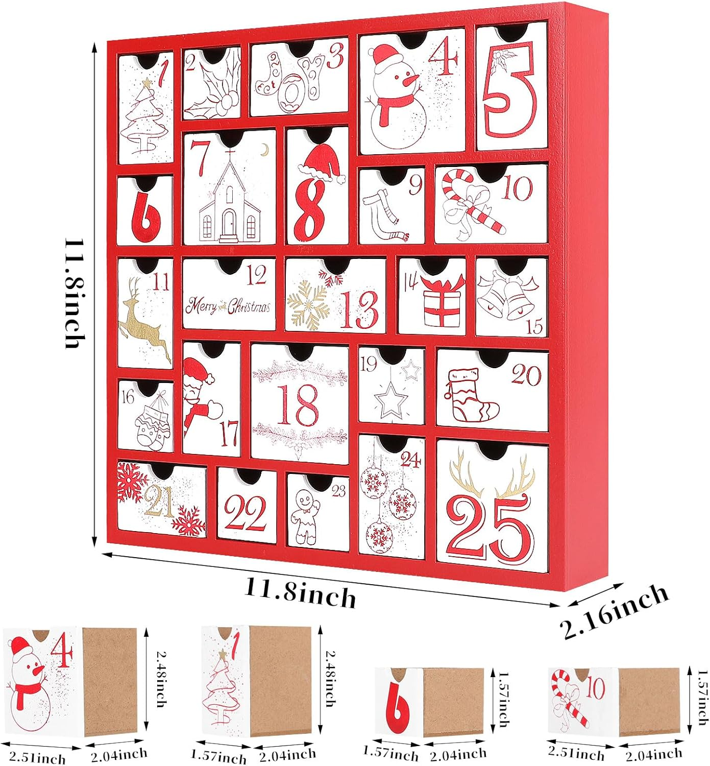 CCINEE Christmas Wooden Advent Calendar with 25 Large Drawers, Countdown to Christmas Decoration Large Size Xmas Countdown Calendar 2024 Hand Painted Refillable Advent for Holiday Decoration(Red) image number 6