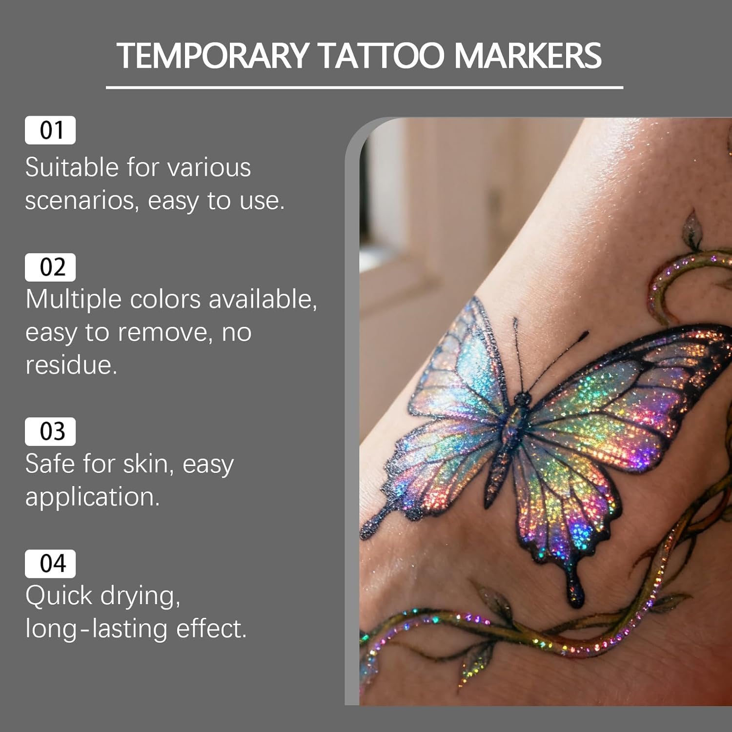 Temporary Tattoo Markers Set, 10-Color, Skin Body Art Pen Kit, Skin Safe, Face Paint Markers, Waterproof, Washable, Long-Lasting, for Halloween, Parties, Cosplay, Bright Colors image number 4