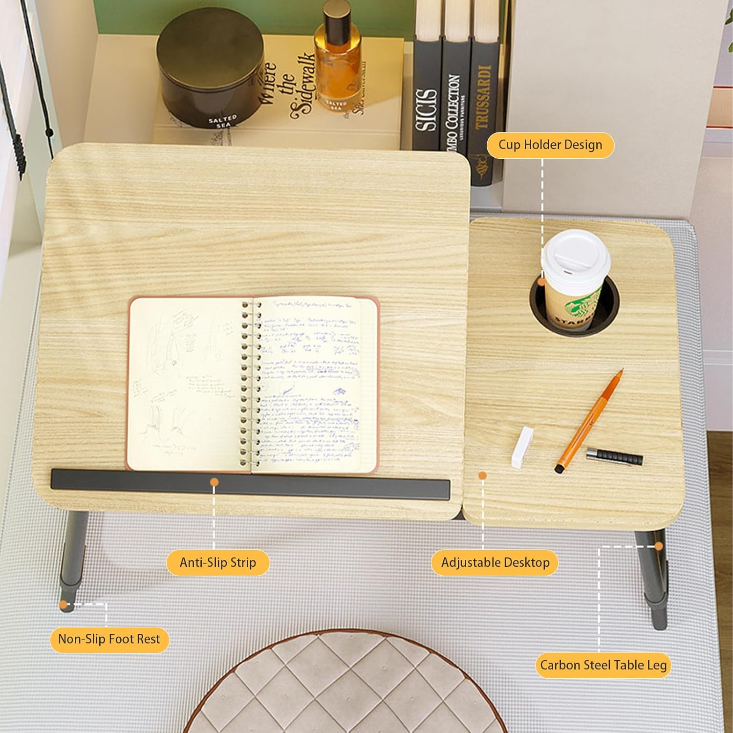 Laptop Desk for Bed, Adjustable Laptop Stand with 5 Adjustable Angles, Portable Lap Tray Table with Cup Holder, Laptop Bed Desk Tray for Eating Working Reading (Yellow) image number 1