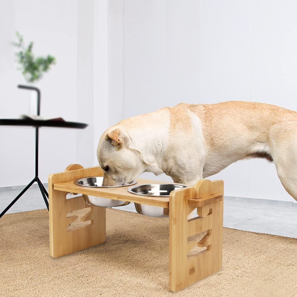 Elevated Dog Bowls - Adjustable Raised Dog Bowls for Medium Dogs and Small Dogs, Durable Bamboo Dog Food Bowl Stand with 2 Stainless Steel Bowls and Non-Slip Feet (For Small Dogs and Cats) image number 1