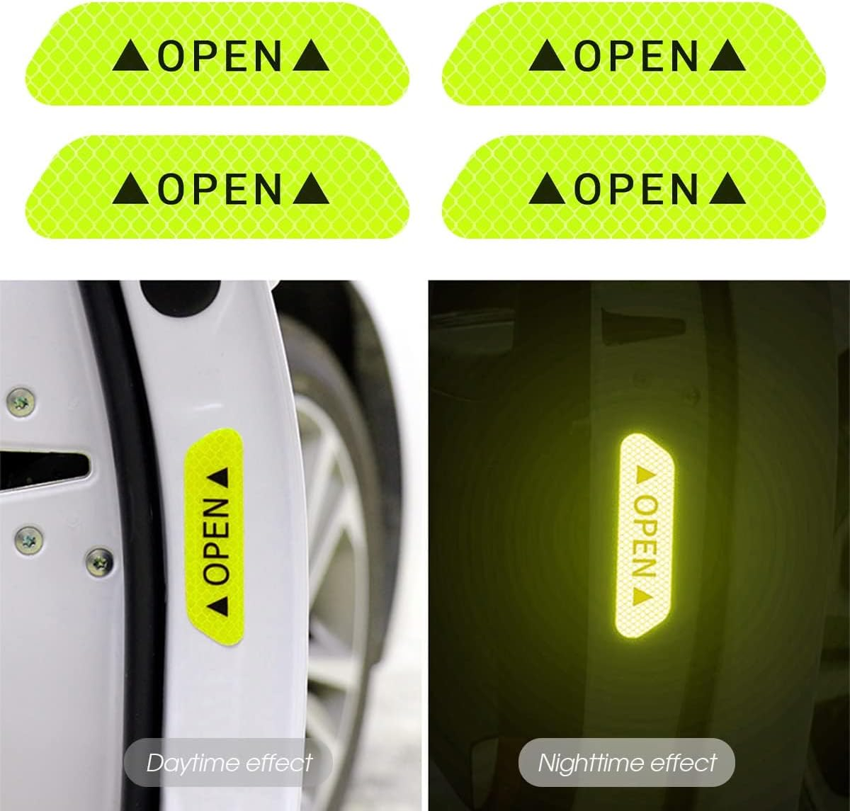 4PCS Reflective Open Warning Stickers for Car Door, Night Visibility Auto Safety Prompt Decals, 3.6 Inch Anti-Collision Protective Strip Tape, Car Accessories Universal for Truck, SUV, Van (Green) image number 4