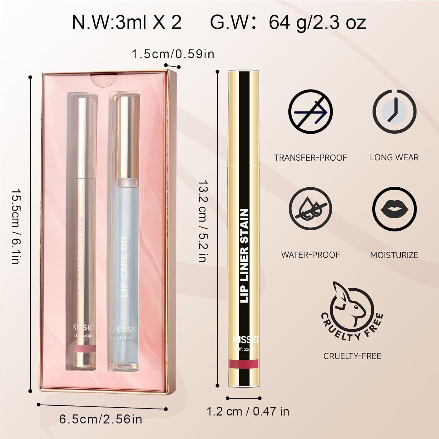 KISSIO Lip Liner Stain,Peel off Lip Liner and Lip Care Oil,Transfer Proof,Long Lasting and Waterproof Lip Tint,Matte Finsh,Lip Combo,02 Gray Pink image number 5