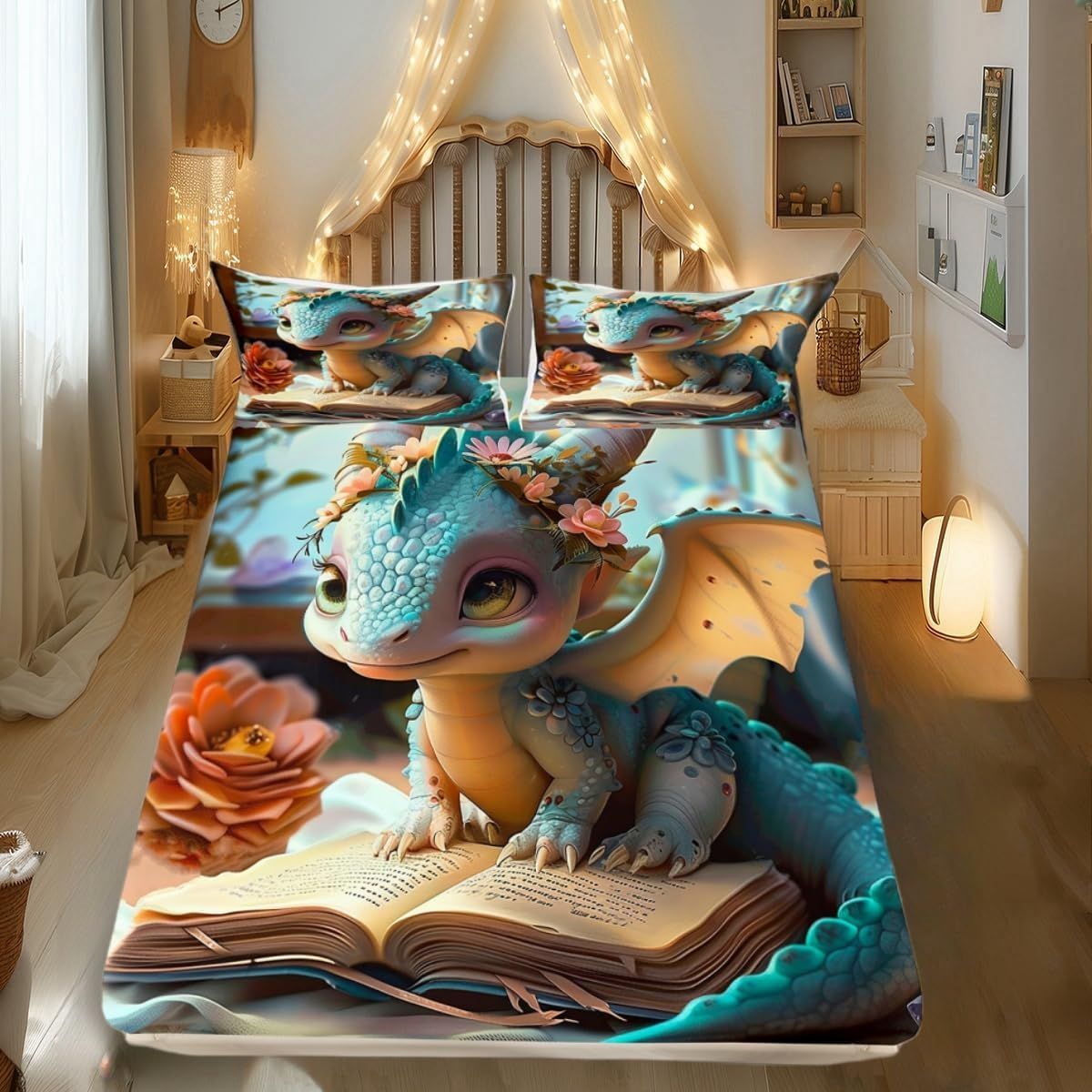 Castle Fairy Cute Dragon Fitted Sheet Queen Size Mysterious Jungle Bedding Set 3Pcs Kawaii Western Dragon Animal Bed Sheet for Kids Room Decor Glitter Plant Deep Pocket Sheet