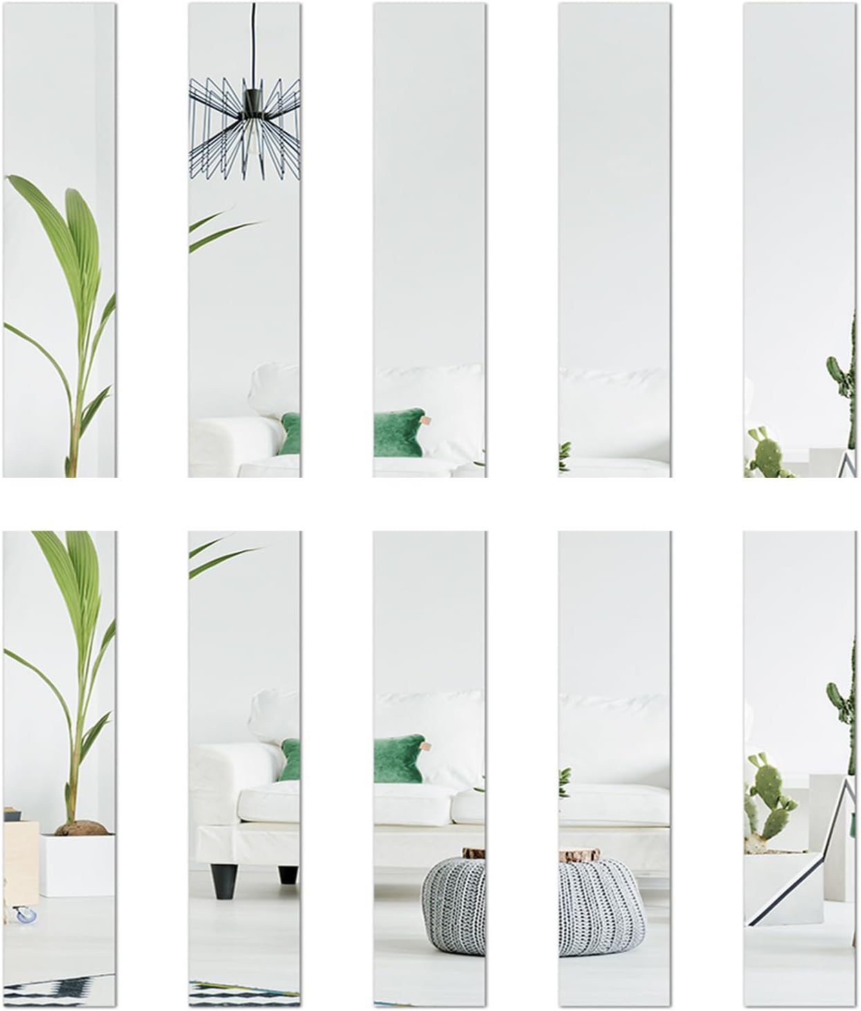 Mirror Wall Stickers, 10PCS 5 X 20Cm Silver/Gold/Black Self Adhesive Acrylic Mirror Stickers, Multifunctional Decorative Wall Decal for Living Room (Silver)