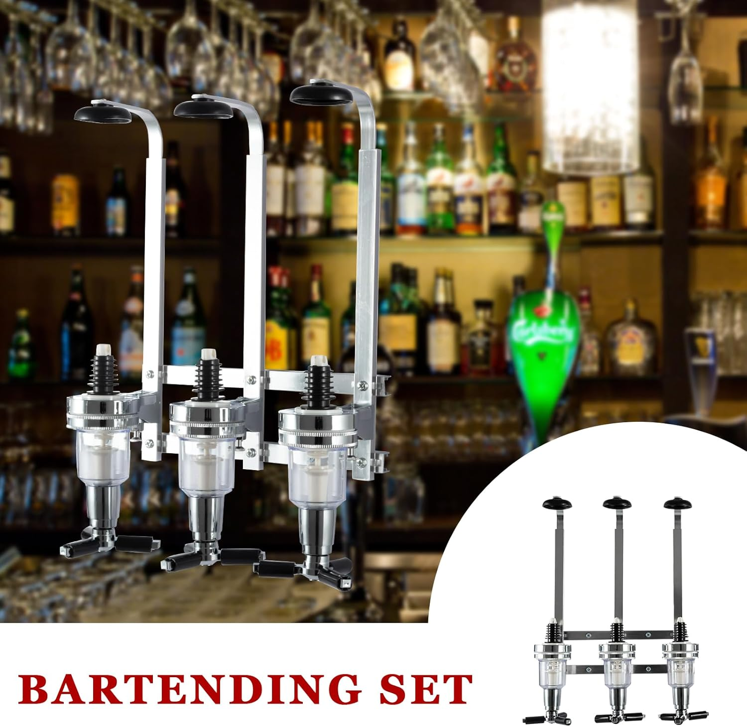 3 Bottle Wall Mounted Liquor Dispenser Bar Butler Bracket Solo Optic Spirit Wine Beer Alcohol Bottle Beverage Stand Revolving Nozzle Drinkware Set - Silver image number 4