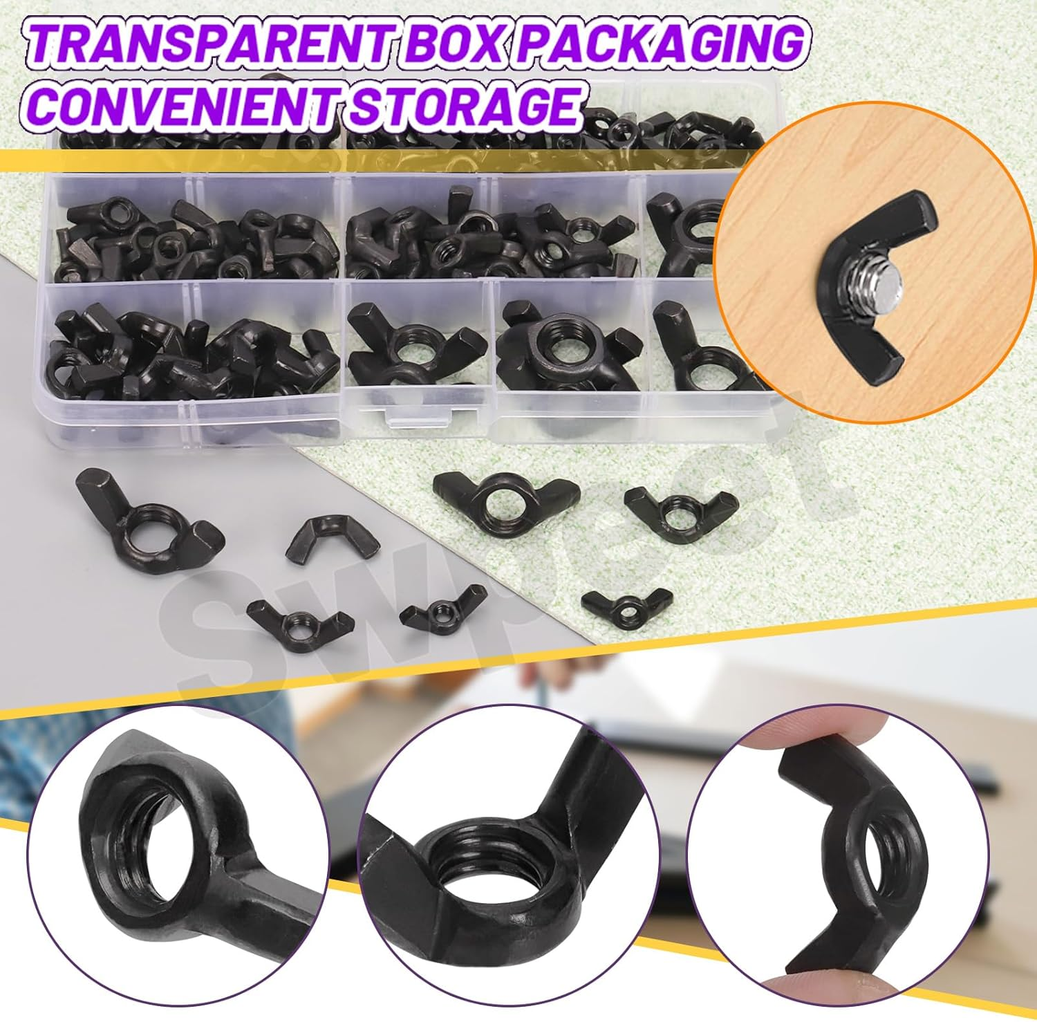 Swpeet 135Pcs Black High Strength Carbon Steel Serrated Metric Wing Nuts Butterfly Nuts Hex Dome Cap Assortment Kit, 7 Sizes - M3 M4 M5 M6 M8 M10 M12 image number 4