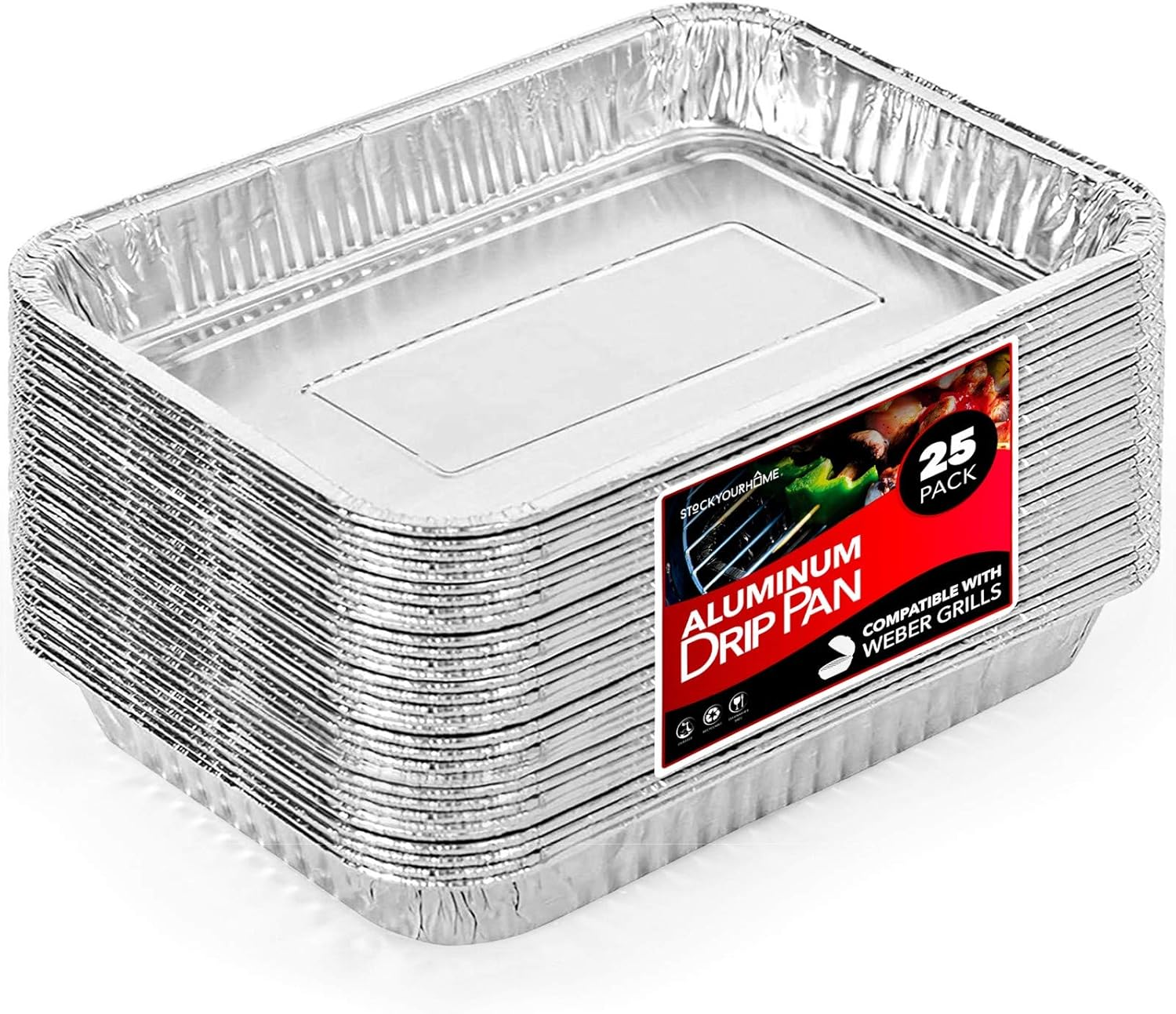Stock Your Home Aluminum Drip Pan (25 Count) - Weber Aluminum Drip Pans - Weber Grill Pan - Weber Drip Pan Liners - BBQ Grease Pans - Disposable Drip Pan - Disposable Oil Drip Pan - Grill Grease Tray
