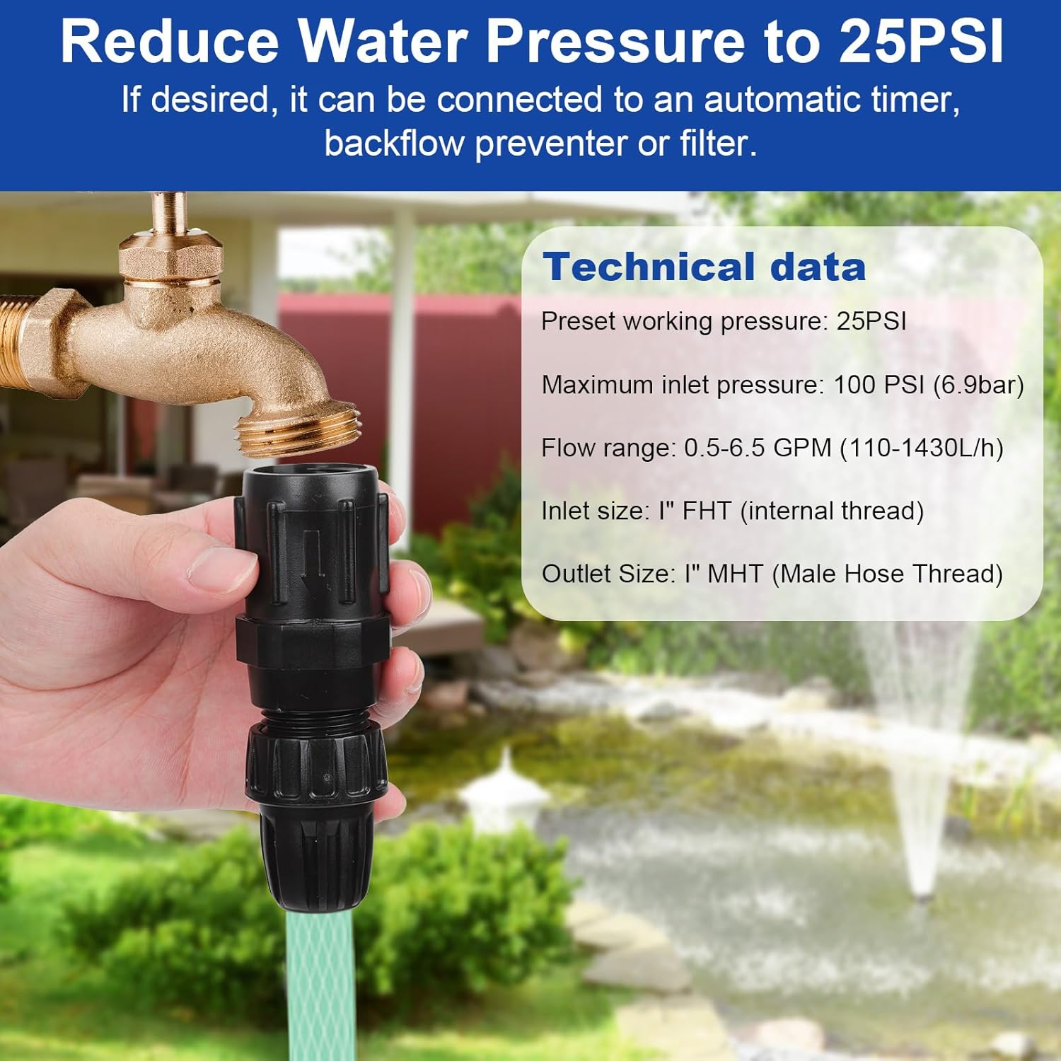 2 Sets Drip Pressure Regulator Faucet Adapter Kit, 3/4" FHT X 3/4'' MHT Water Pressure Regulator 1/2" Drip Line Adapter for Drip Irrigation Systems (25 Psi) image number 2