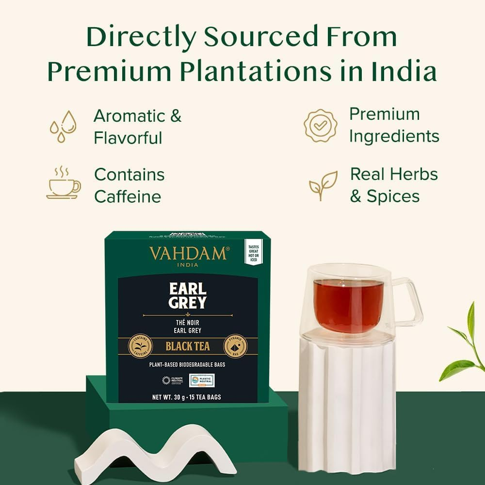VAHDAM, Earl Grey Citrus, 15 Tea Bags | 100% Natural, Long Leaf Pyramid Tea Bags | Aromatic & Delicious, Black Tea Mixed with Natural Bergamot Oil | Packed at Source | Iced Tea Bags image number 5