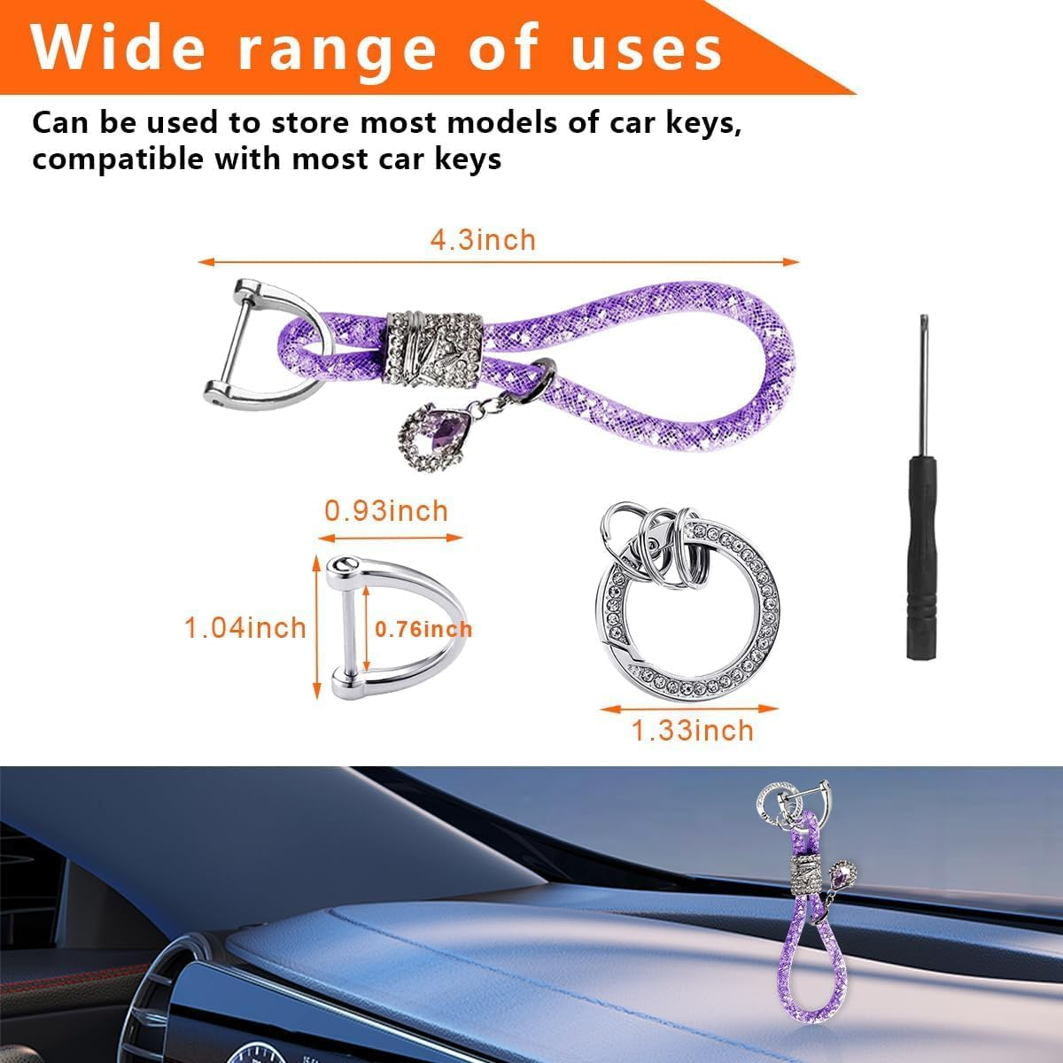 Bling Car Keychain, Glitter Crystal Keychain Ring Strap with D-Ring, Vehicle Key Decor Accessories for Women and Girls (Purple) image number 4