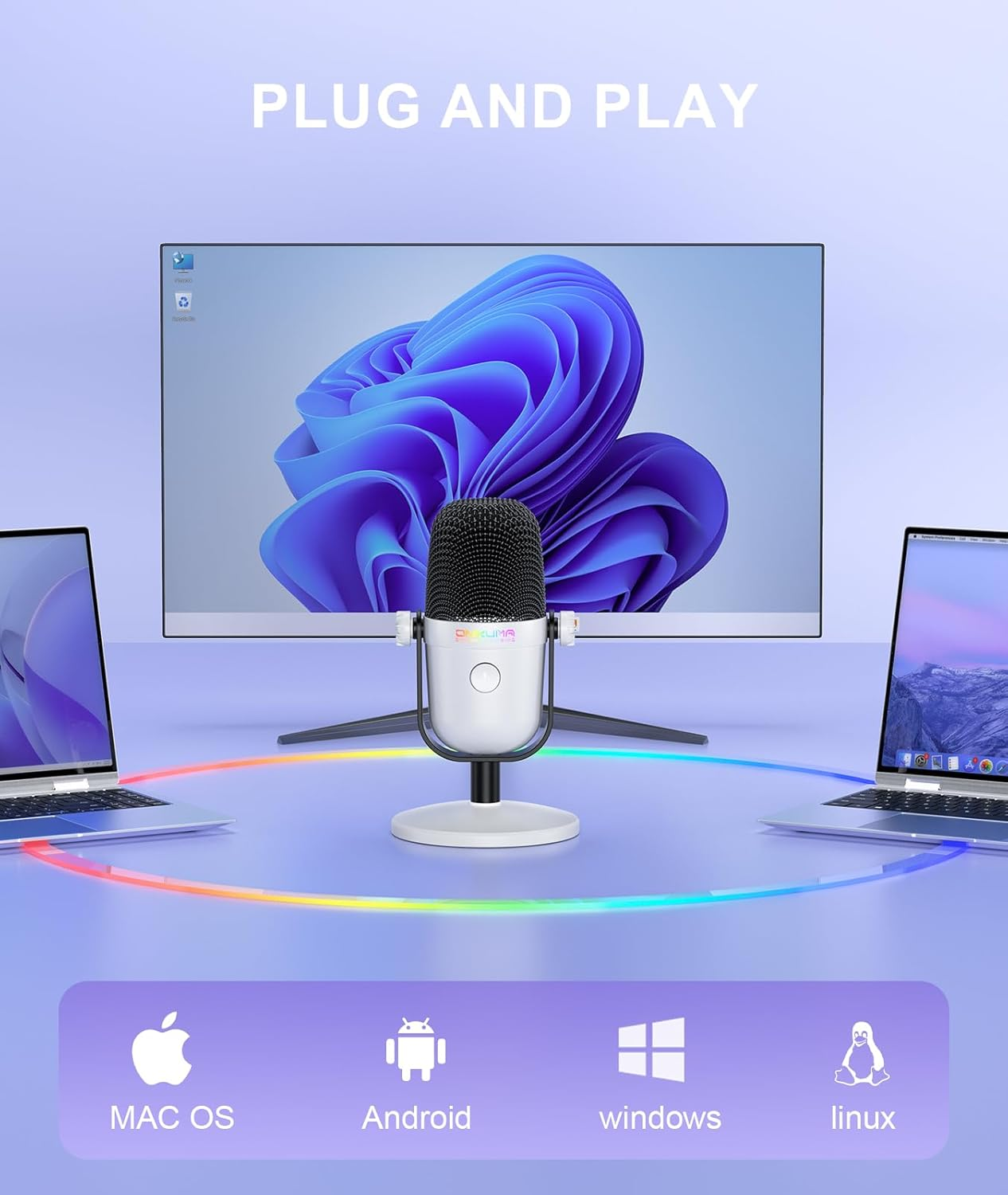 Gaming Microphone with Noise Cancellation & Mute Button, USB Condenser Mic for Streaming/Recording, Ultra-Compact Design, Compatible with Pc/Mac/Ps4/Ps5, Podcast/Youtube/Twitch/Discord (White) - Black image number 4