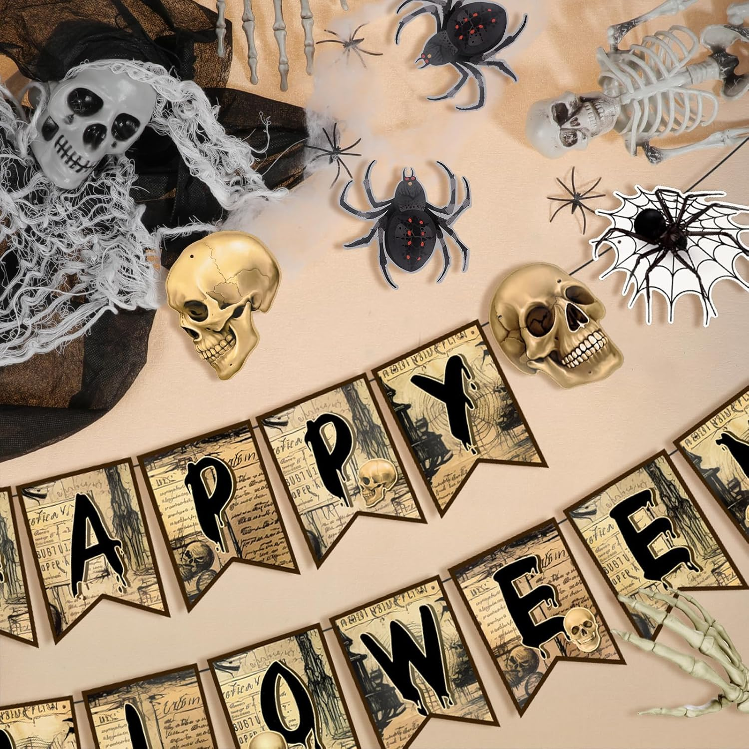 Happy Halloween Banners, Skeleton & Spider Party Supplies, 8Pcs Swirls Indoor Decor, Brown image number 4