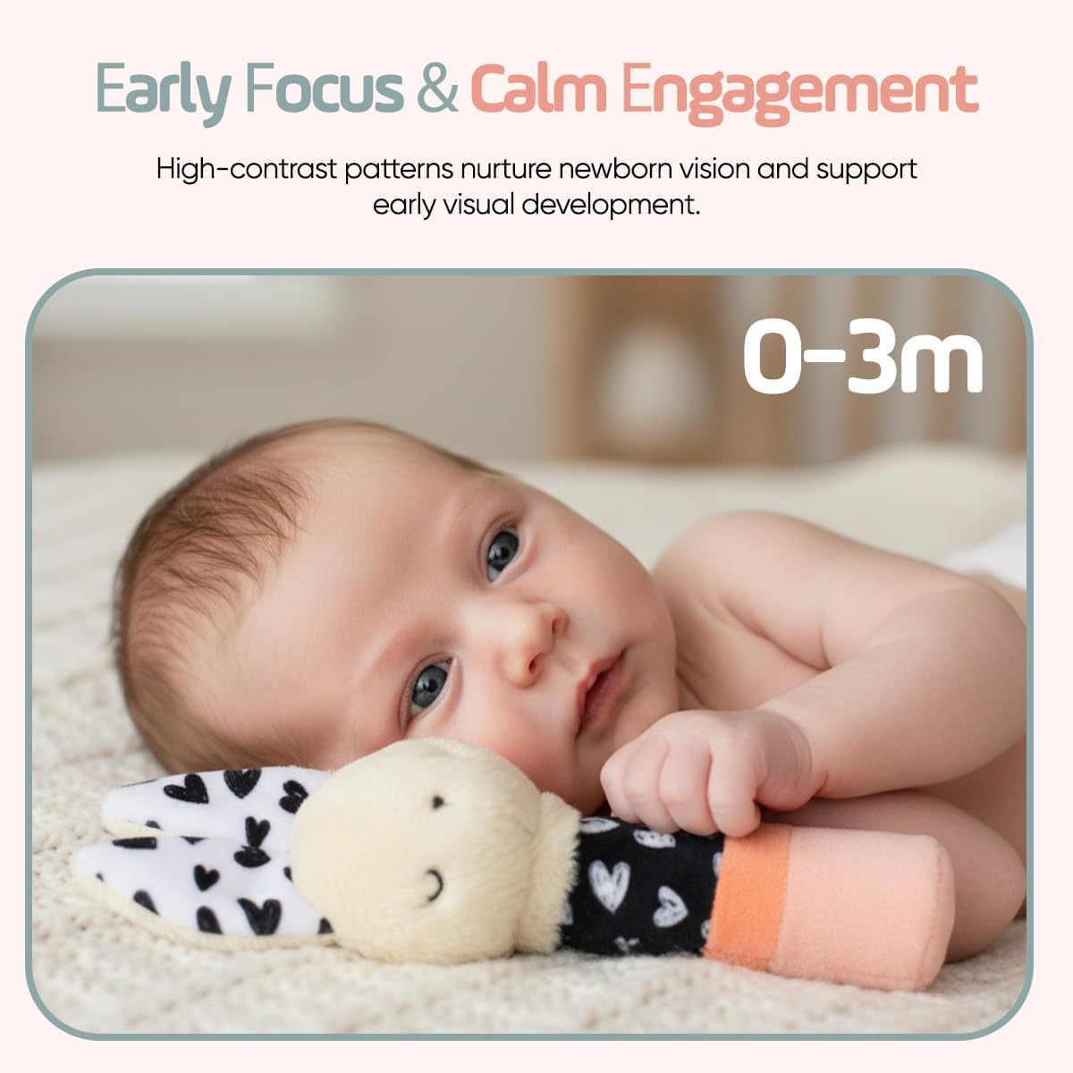 Bella Bunny Sensory Rattle Set &ndash; High Contrast Baby Toys for Newborns (0&ndash;6 Months), Soft Plush Bunny Rattle & Squeaker Gift Set for Tummy Time, Montessori & Soft Play Development image number 2