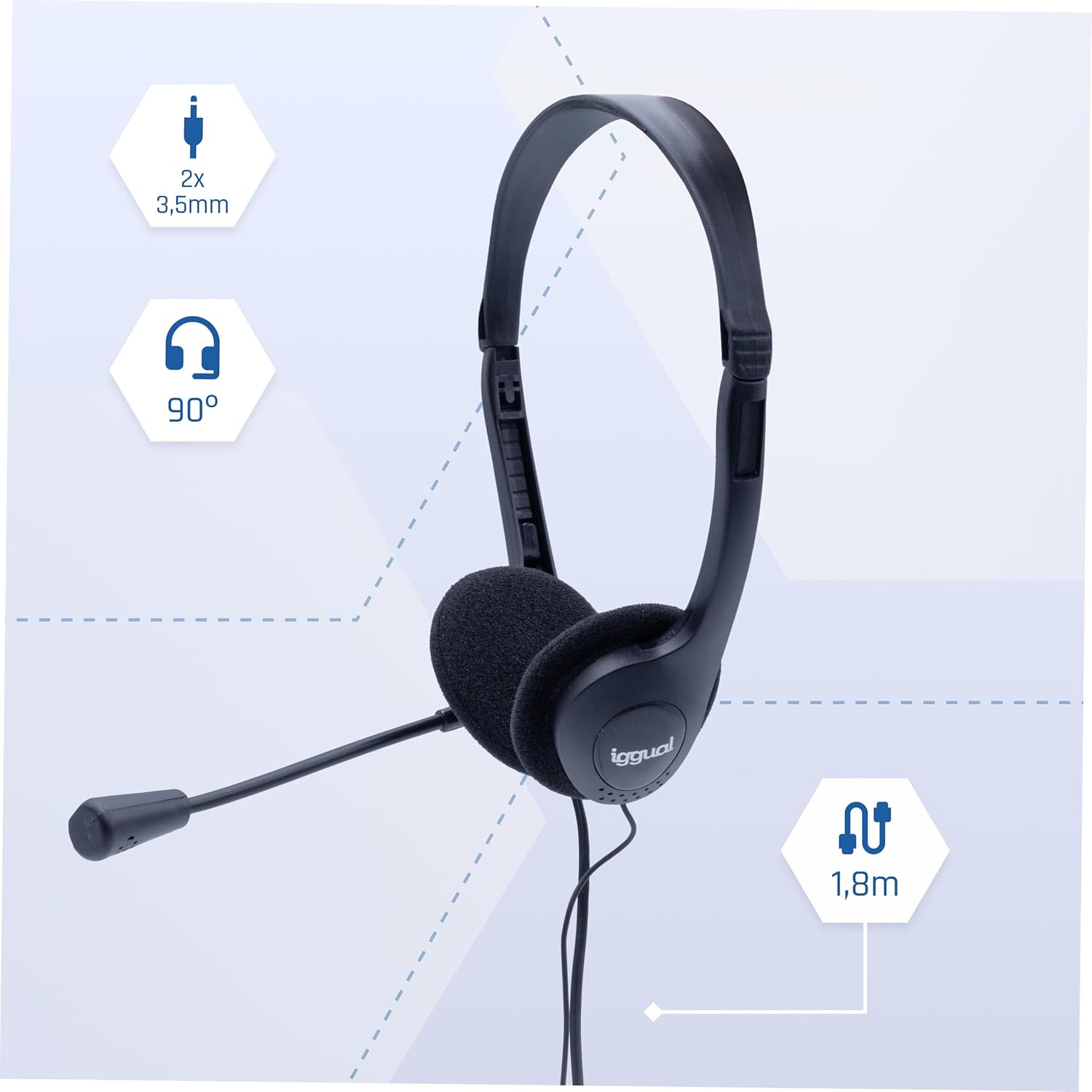Iggual - Headphones with 90&ordm; Rotating Microphone and 1.8 M Cable with 2 X 3.5 Mm Jack Connections, Including Volume Control Wheel image number 1