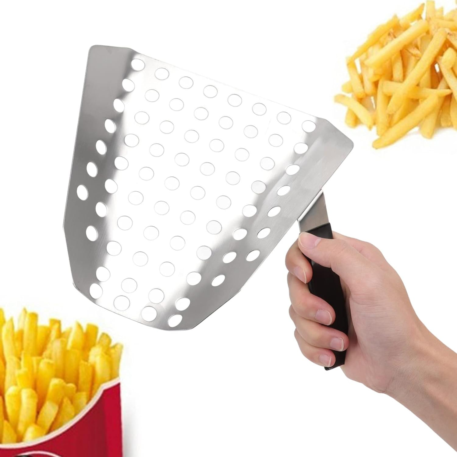 Popcorn Scoop, Stainless Steel French Fry Scooper Scoop with Holes, Quick Fill Tool for Bags & Boxes, Commercial Fry Bagger Scooper for French Fries, Snacks, Ice, Right Handle image number 3