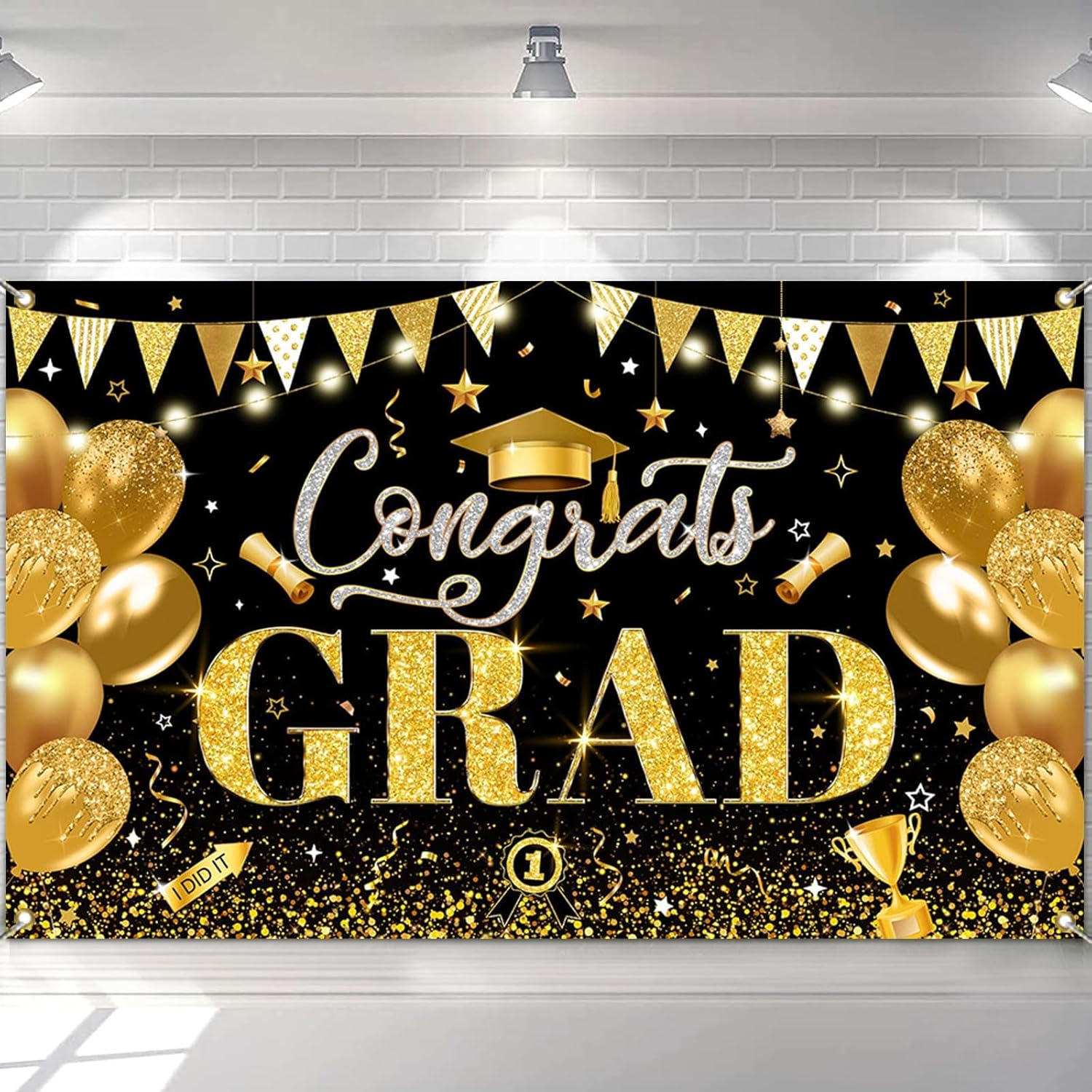 Mocsicka 2025 Graduation Backdrop Gold Black 2025 Graduate Party Decorations Banner Bachelor Cap Congratulations Graduates Photography Backdrop image number 6