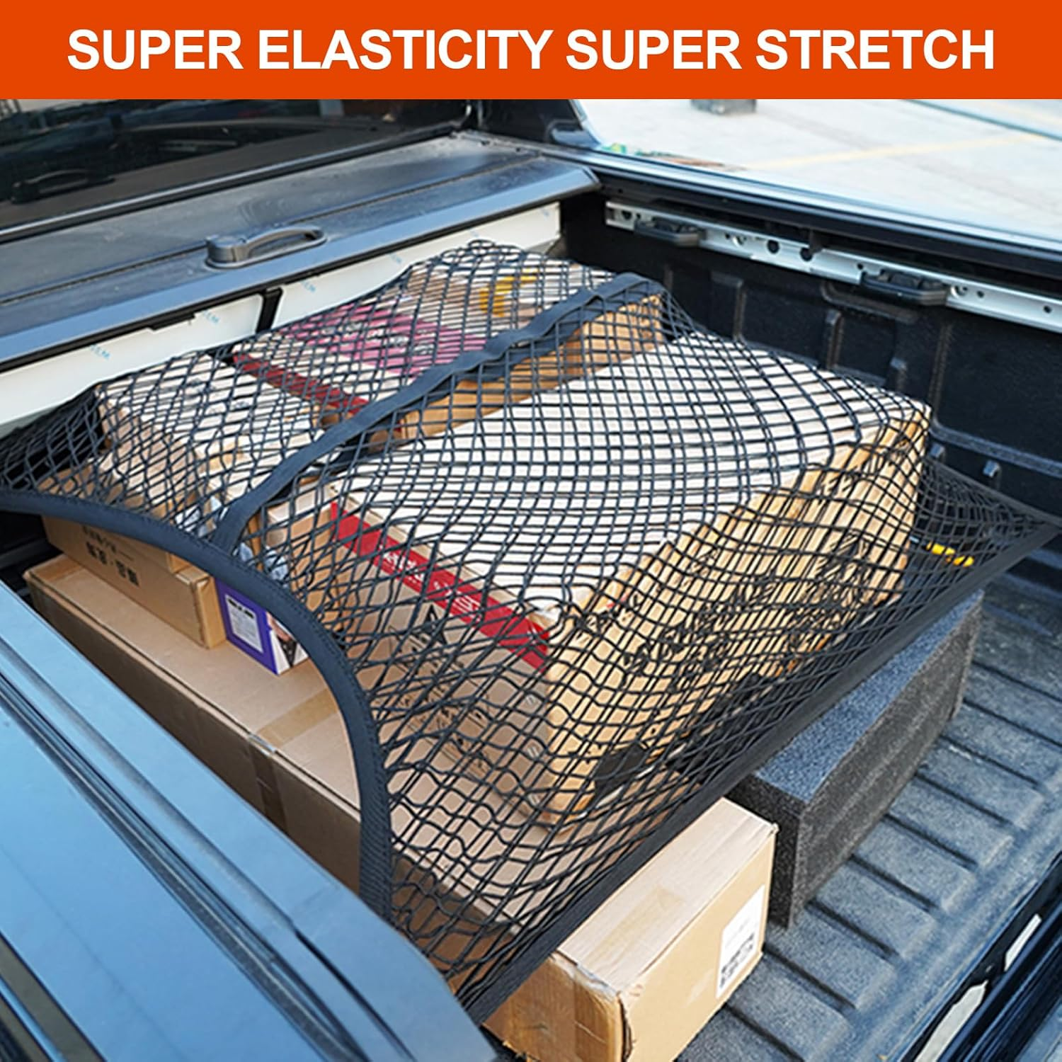 Cozy Core Upgraded 8-Hook Elastic Truck Bed Cargo Net, Adjustable 4X4Ft to 8X8Ft, Heavy-Duty Stretchable Design for Dodge Ford Chevy Pickups SUV Racks, Includes ABS Carabiners & Work Gloves image number 5