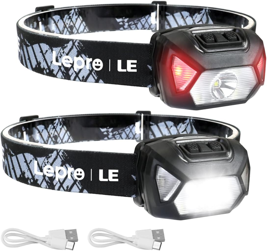 Lepro Head Torch Rechargeable, Super Bright Waterproof LED Headlamp with Red Warning Lights, 6 Lighting Modes, Long Runtime Headlight for Kids & Adults for Running Fishing(2 Pack)