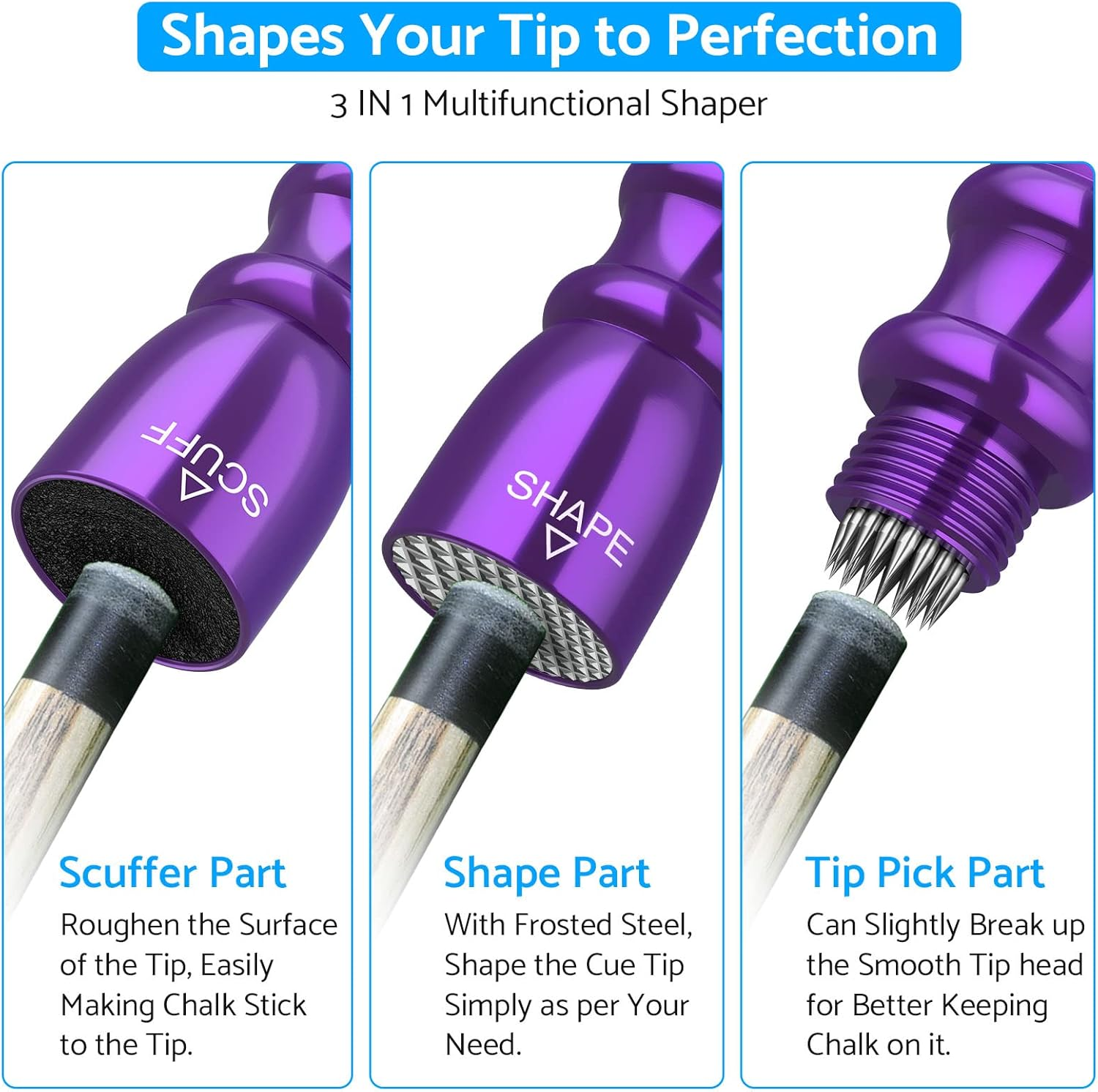 Esynic Professional Pool Cue Tips Shaper 3 in 1 Cue Tips Shaper Tool Billiard Cue Tips Shaper Set Stainless Steel Cue Shapers Billiard Pool Cue Accessories Tool Gifts-Shaper, Scuffer, Aerator image number 3