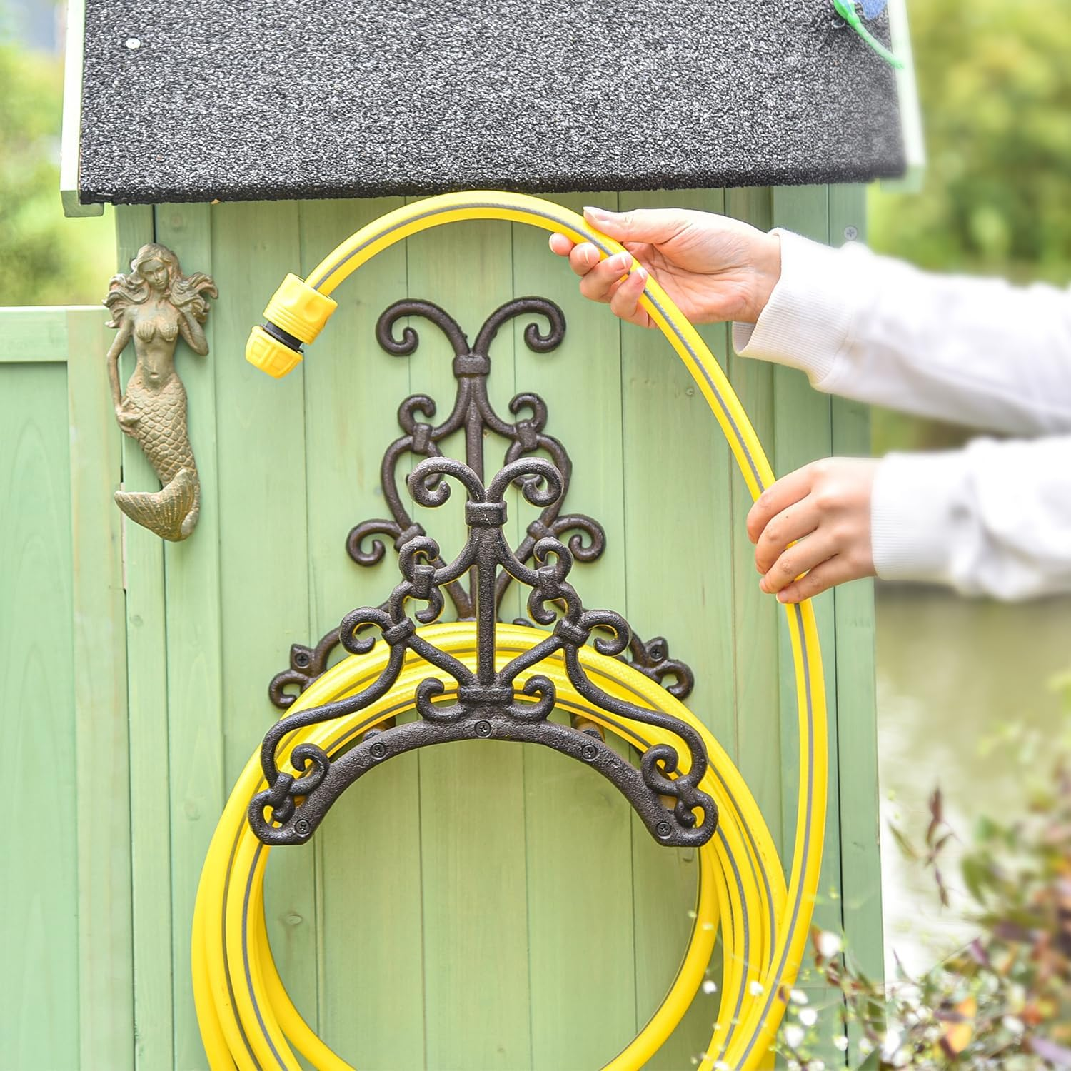 Sungmor Heavy Duty Cast Iron Garden Hose Holder - Wall Mounted Water Hose Hanger - European Vintage Pattern Decorative Hose Rack - Large Water Hose Bulter Storage - Indoor Outdoor Metal Hose Stand image number 6