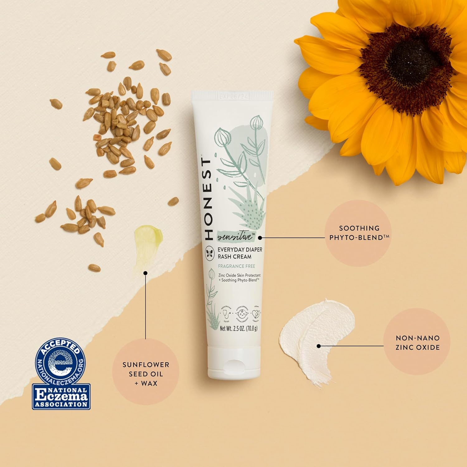 Honest Diaper Rash Cream with Organic Shea Butter, Jojoba, Tamandua & Coconut Oil | Organic Plant & Mineral-Derived Ingredients | NSF Certified & Paraben Free | 2.5 Oz. image number 2