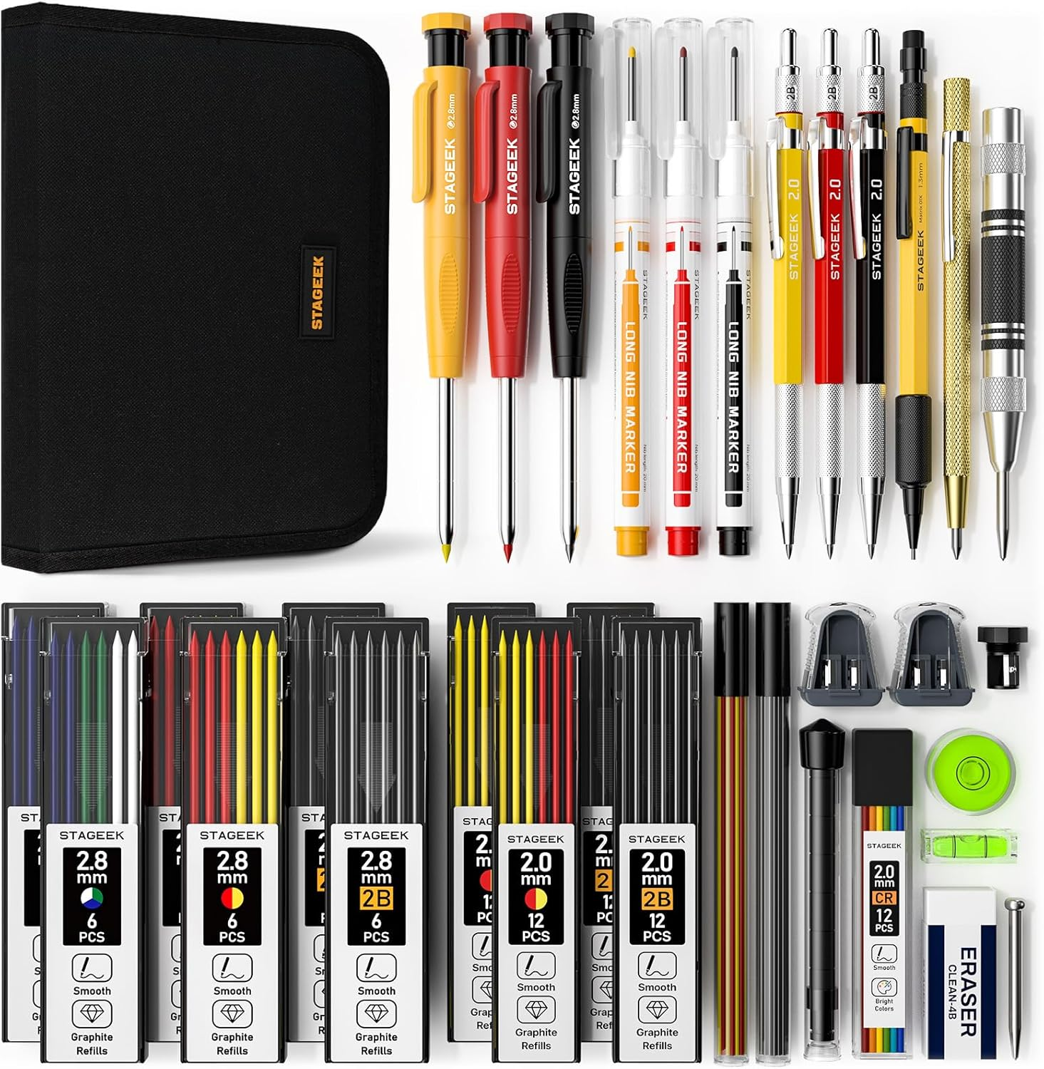STAGEEK 34 Pack Carpenter Pencil Set with Sharpener, Mechanical Carpenter Pencils with Deep Hole Long-Nib Marker Pens, Carbide Scribe Tool & Construction Pencils for Architect Woodworking with Case image number 6
