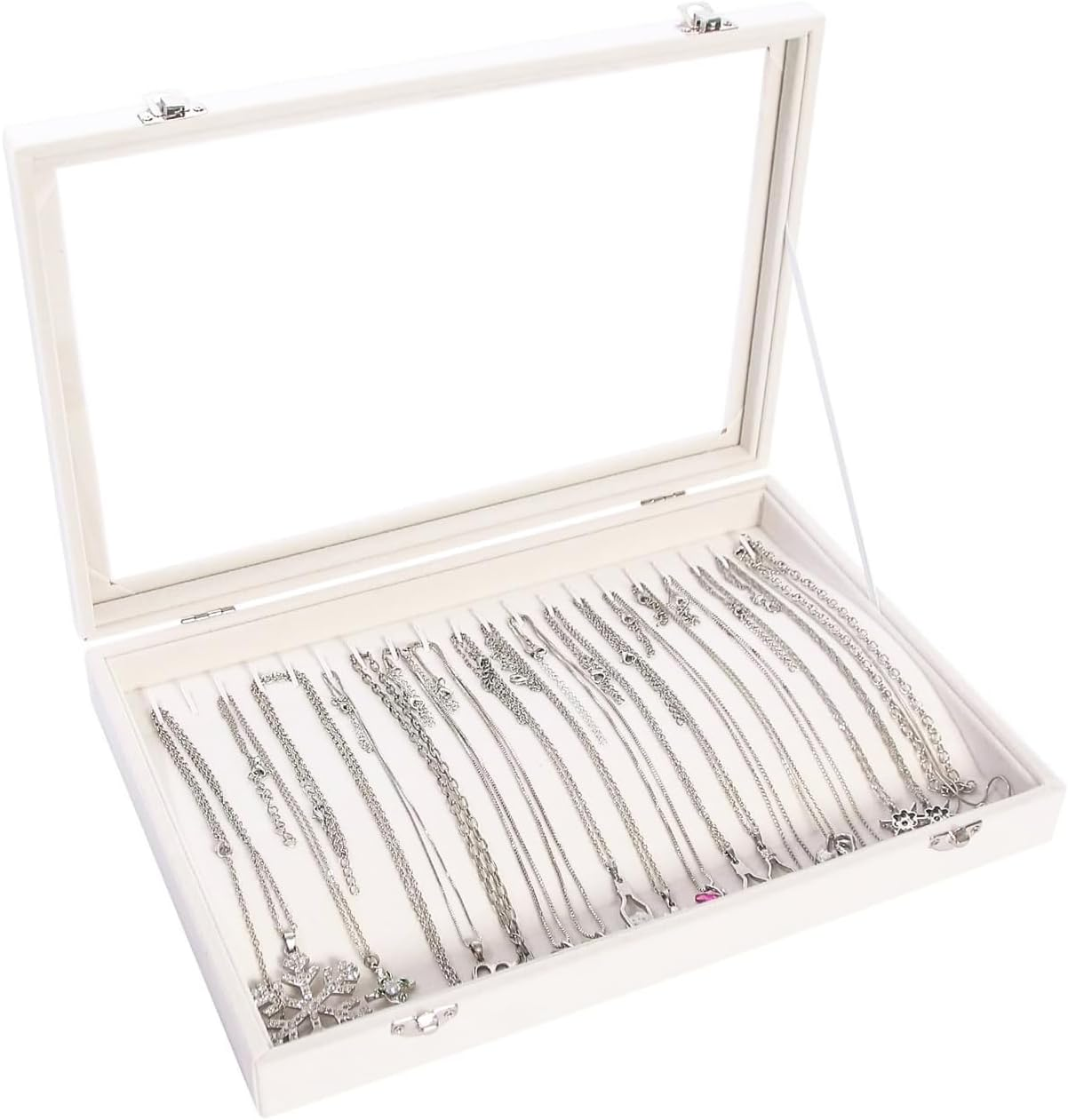 Coward Jewelry Organizer Box, Beige Velvet 12 Grids Bracelet Bangle Necklace Jewelry Display Tray Case with Transparent Glass Lid for Home Drawer Desk or Store Selling Show