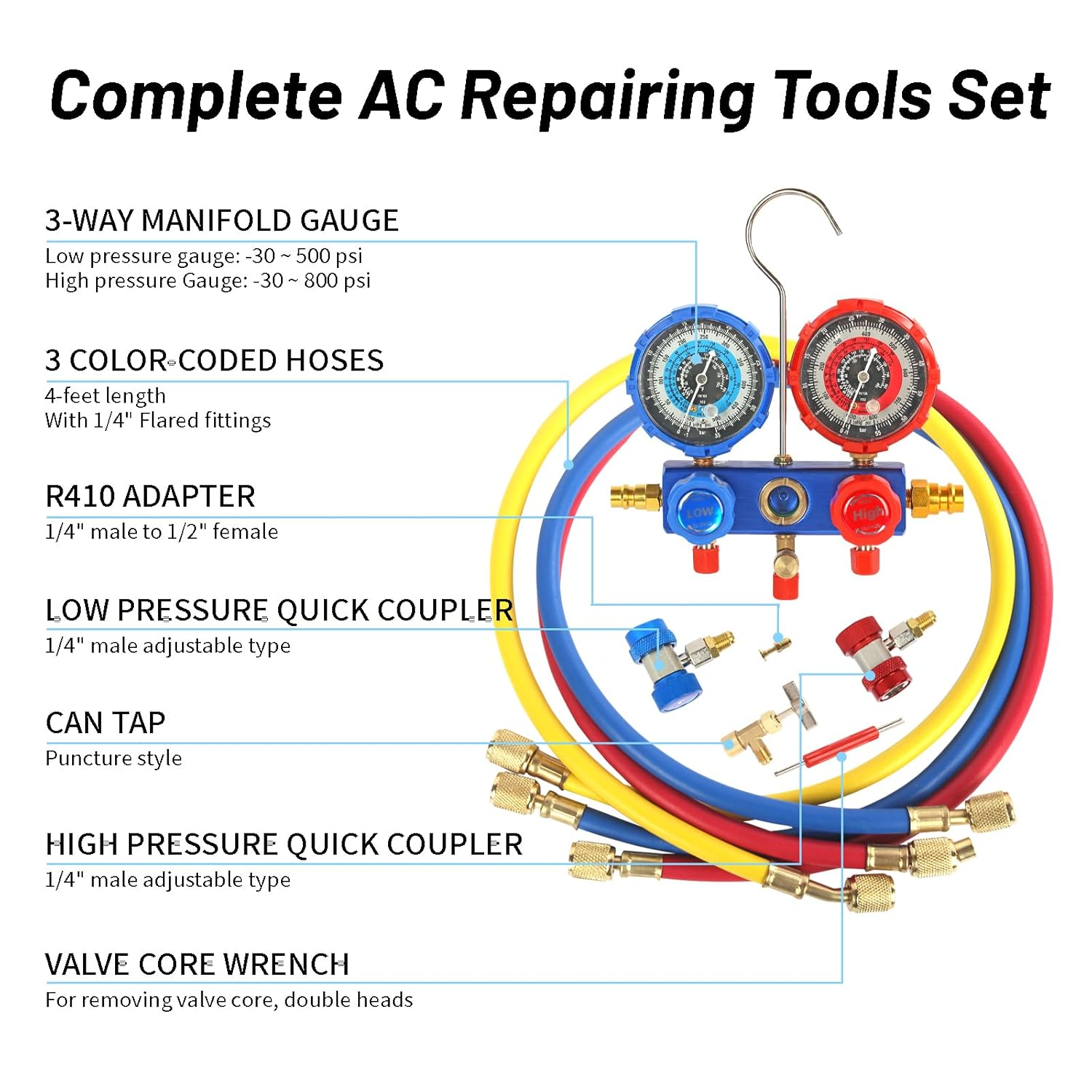 PB Motor Tech 3 Way AC Manifold Gauge Set for R134A, R410A, R22, R404A Refrigerants. HVAC Diagnostic Gauge Set with Quick Couplers, Adapters, Can Tap, Valve Core Tool. Perfect for Automotive Use image number 3