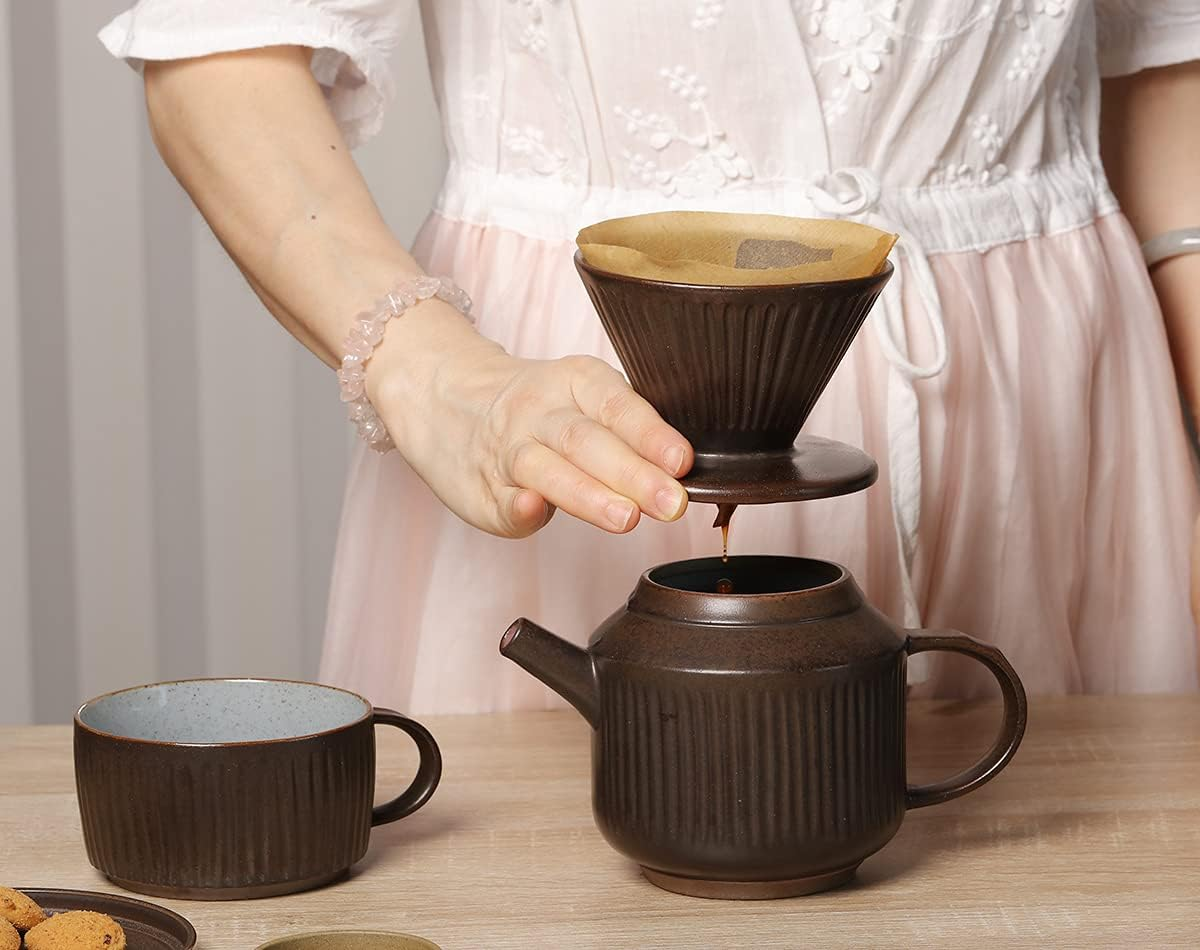 Pottery Pour over Coffee Maker, Ceramic Cone Filter Hand Drip Coffee Dripper, Reusable Stoneware Pourover Coffee Brewer, Size 02 (Rustic Chocolate Brown) image number 1
