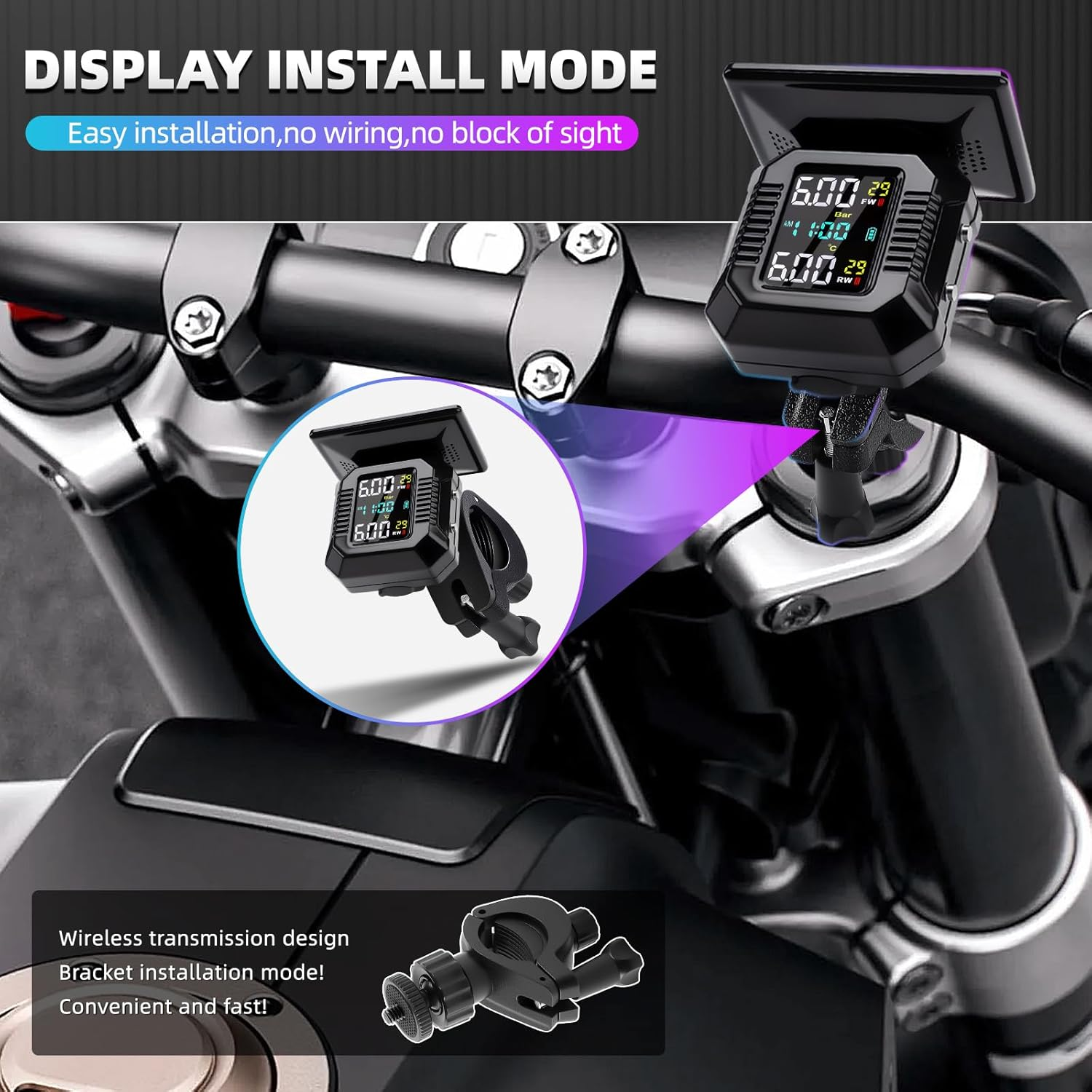 Motorcycle Tyre Pressure Monitoring System, Motorcycle TPMS with 2 External Sensors, LCD Display, USB Charging, IP67 Waterproof, Motorbike Tyre Pressure Monitor System, Two-Wheeled Motorcycle TPMS image number 1