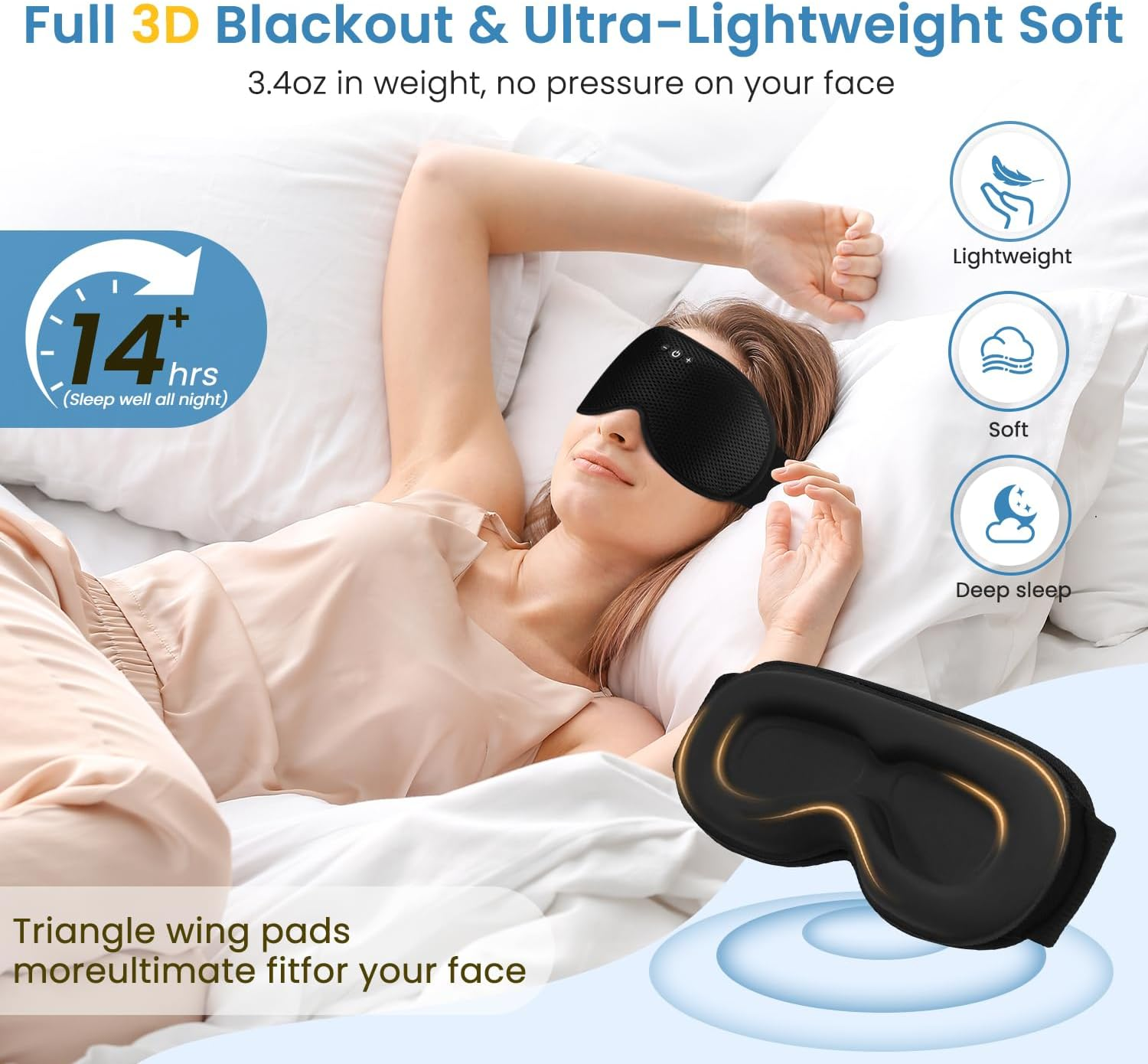 Xkimos 3D Contoured Sleep Headphones, Sleeping Eye Mask with 5.4 Bluetooth Headphones, Breathable Light Blocking Sleeping Mask Headphones,With Ultra-Thin Stereo Speakers,Cool Gadgets Mens Gifts image number 2