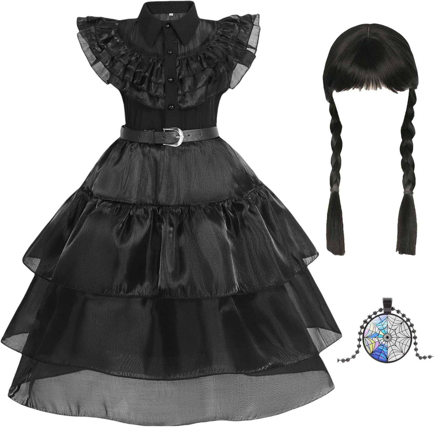 Black Addams Costume for Girl Family Dress up Halloween Outfits Costumes Cosplay Party Dress with Wig,Necklace image number 6