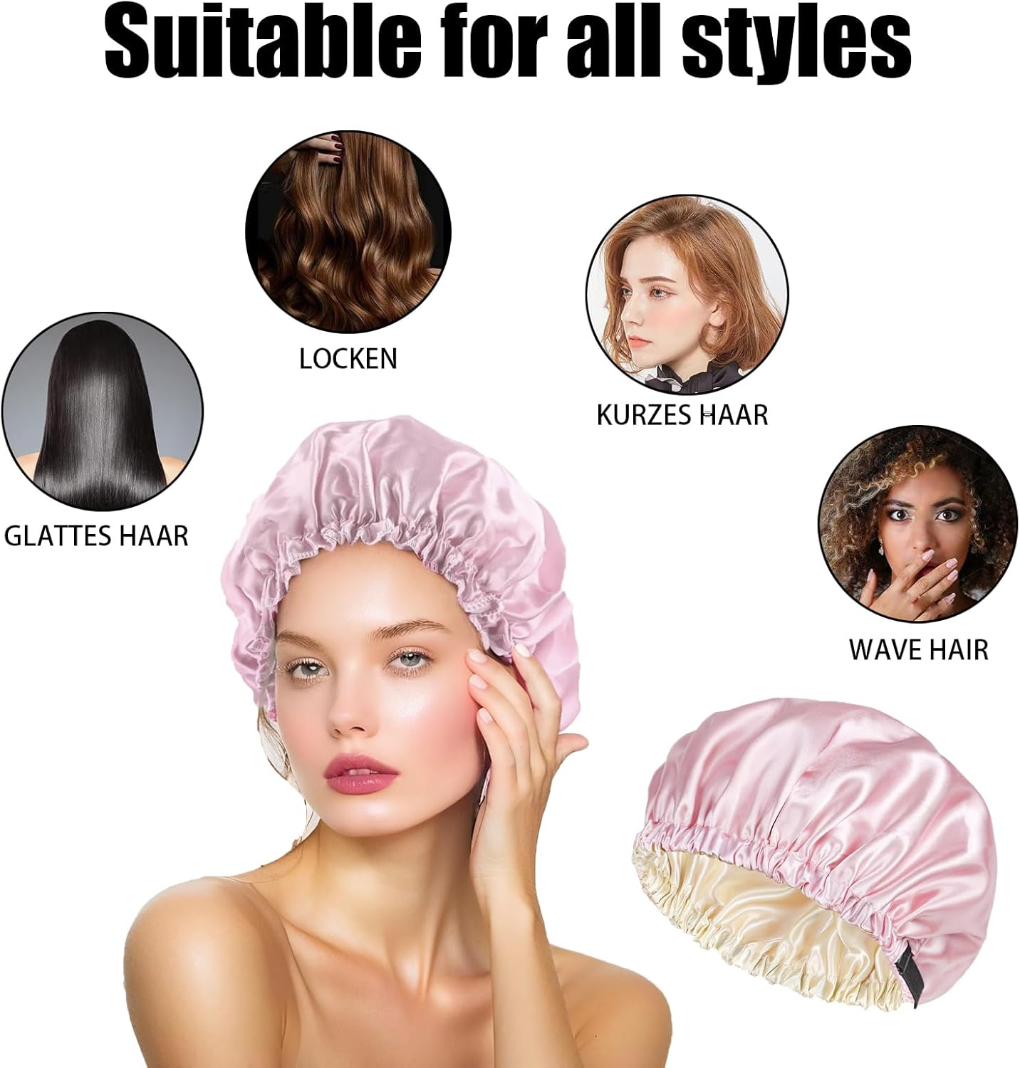 2 Large Shower Caps, Double-Sided Shower Cap, Large Waterproof Shower Cap with Elastic Band, Reusable, Washable, Pink and Black