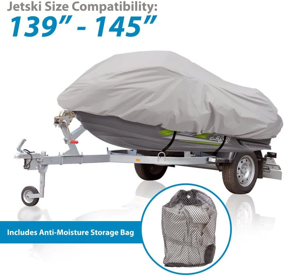 Pyle Waterproof Heavy Duty Jetski Cover - 139&rsquo;&rsquo; - 145&rsquo;&rsquo; Inch Mildew Resistant Watercraft Storage Cover with Adjustable Strap & Elastic Cord for Tight Custom Fit - Marine Grade Protection - PCVJS14
