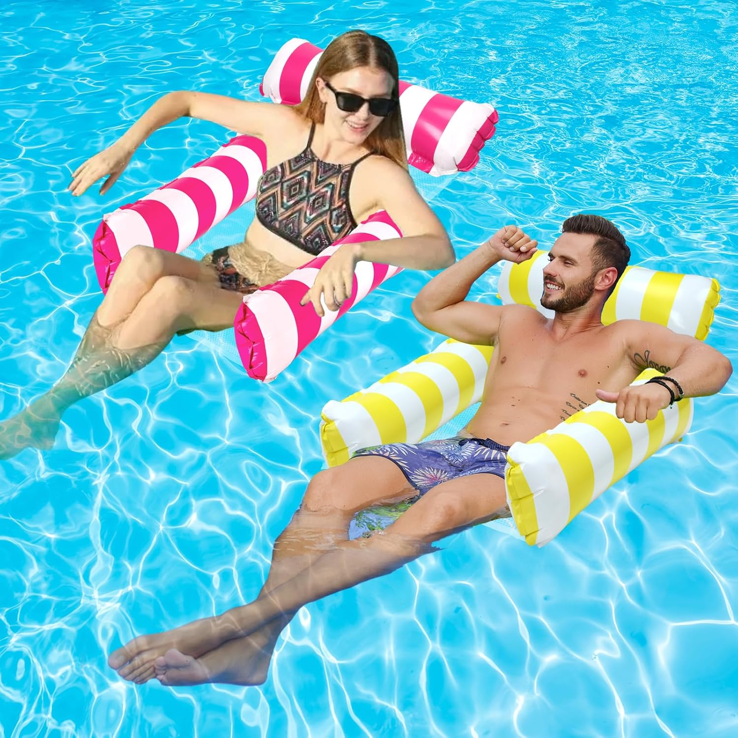2 Pack Inflatable Pool Floats 4-In-1 Pool Hammock with Bottom Mesh 3 Tubes Inflatable Hammock for Adults,Portable Floating Chair Bed for Travel, Swimming Pool Hot Tub