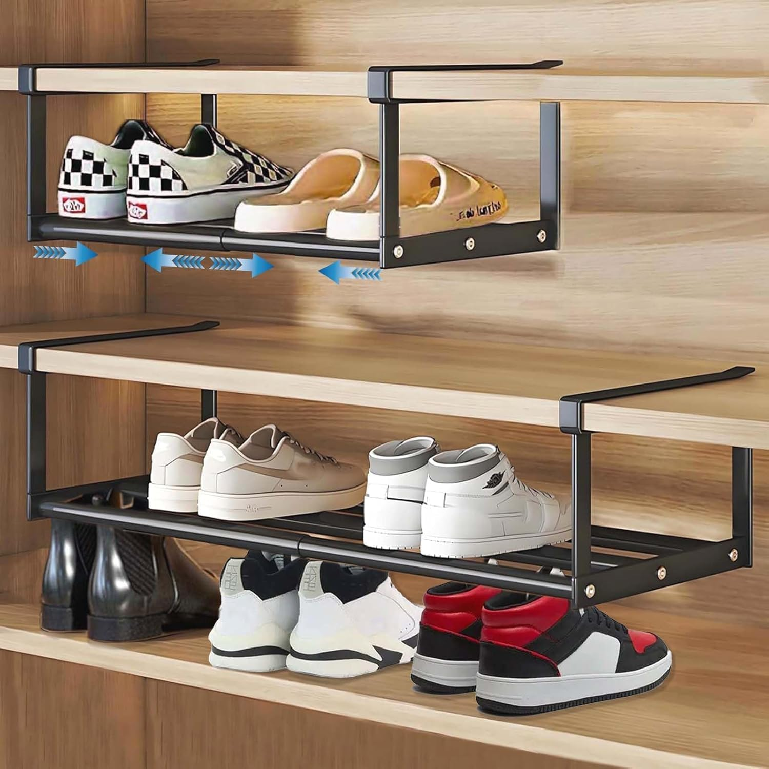 2 Pcs Expandable Shoe Rack Organizer,Metal Hanging Shoe Rack for Kitchen,Book or Clothing Storage and Organization,Under Shelf Storage image number 1
