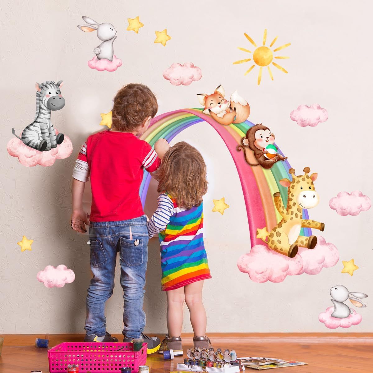 Large Rainbow Wall Stickers Jungle Animals Wall Decals, Kids Baby Girl Sun Cloud Wall Stickers for Bedroom Living Room Classroom Decor Colorful image number 5