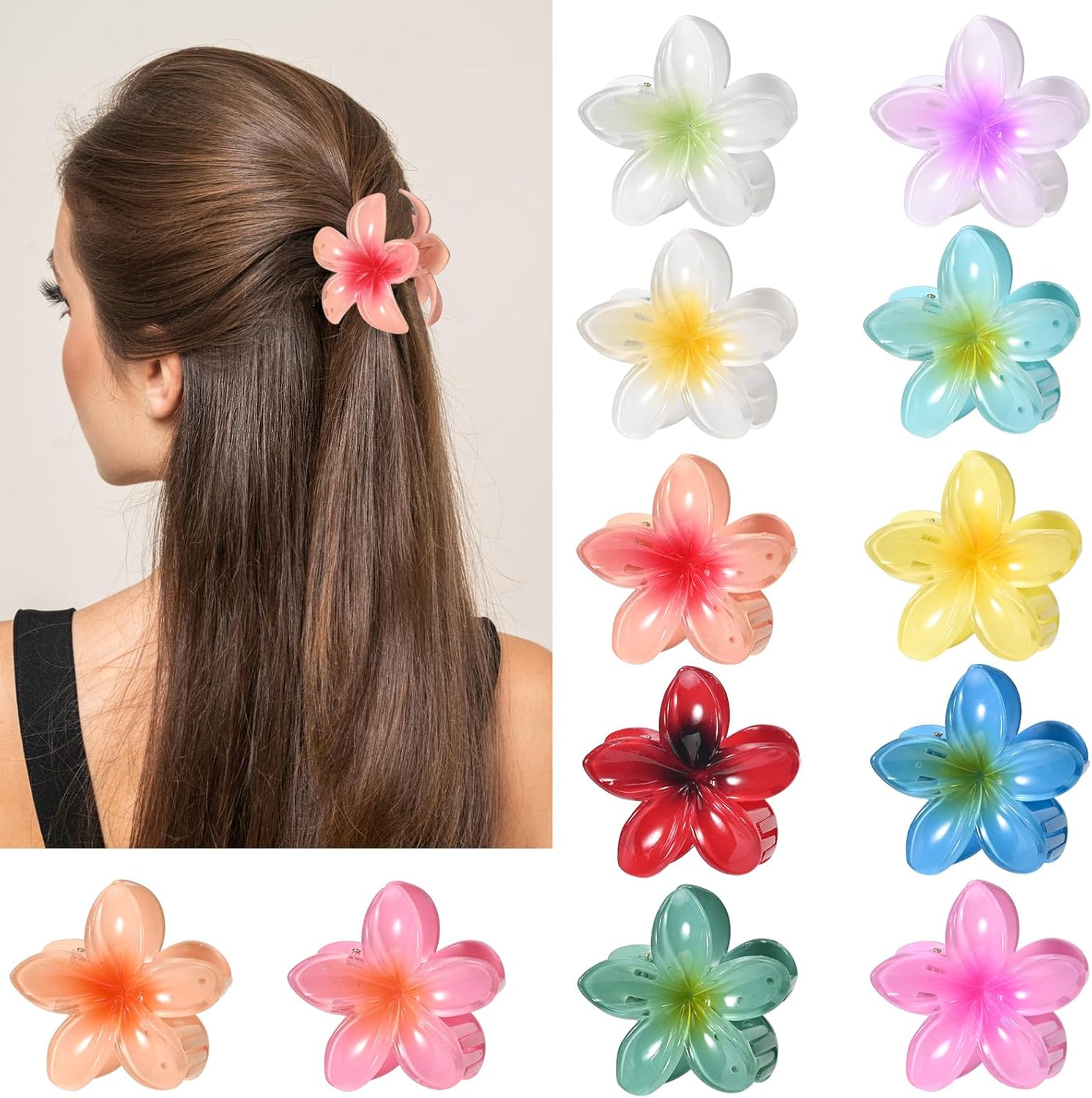 Hawaiian Plumeria Hair Accessories - 12 Pack Large Claw Clips for Thick and Thin Hair, Tropical Beach Hair Clips for Women and Girls (12) image number 2