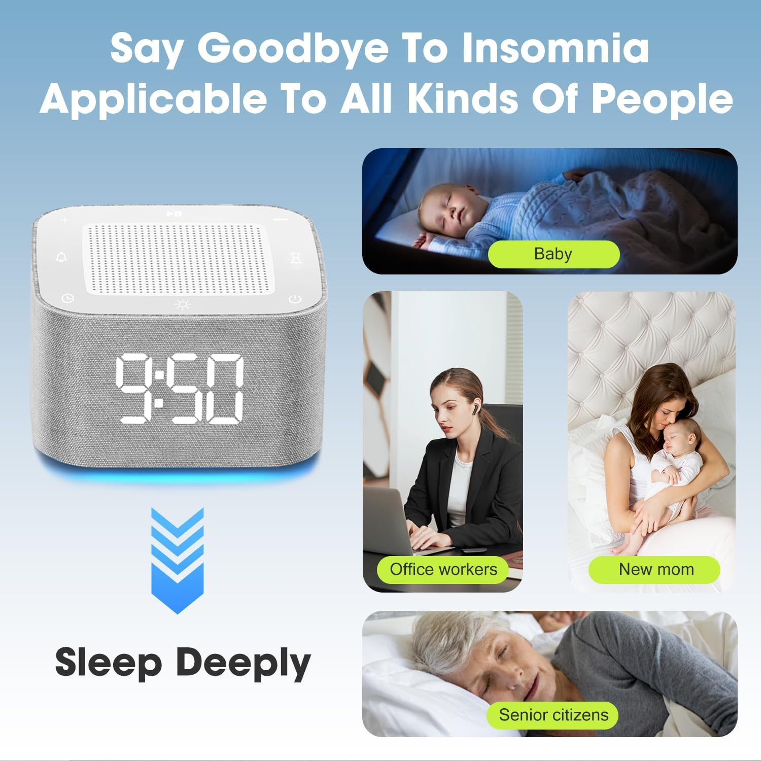 WEKUBA White Noise Machine & Alarm Clock 2-In-1，32 Soothing Sounds, 8 Night Lights, App Control, USB Rechargeable, for Adults & Baby，Usb Rechargeable, Portable Sound Machine for Home, Travel