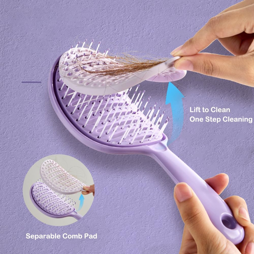 Self Cleaning Hair Brush, Easy to Clean, Curved Vented Detangler Brush for Faster Blow Drying for Women Men Kids, Wet & Dry Hair (Pink)