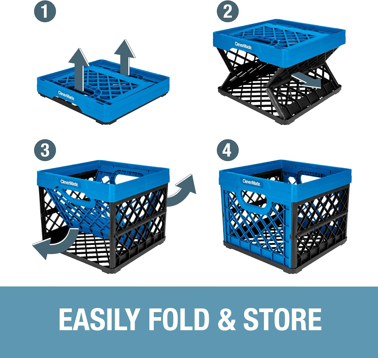 Clevermade Collapsible Milk Crate, Neptune Blue, 3PK - 25L (6 Gal) Stackable Storage Bins, Holds 50Lbs per Bin - Clevercrates Are Heavy Duty, Plastic Collapsible Storage Crate for Multi Purposes image number 2