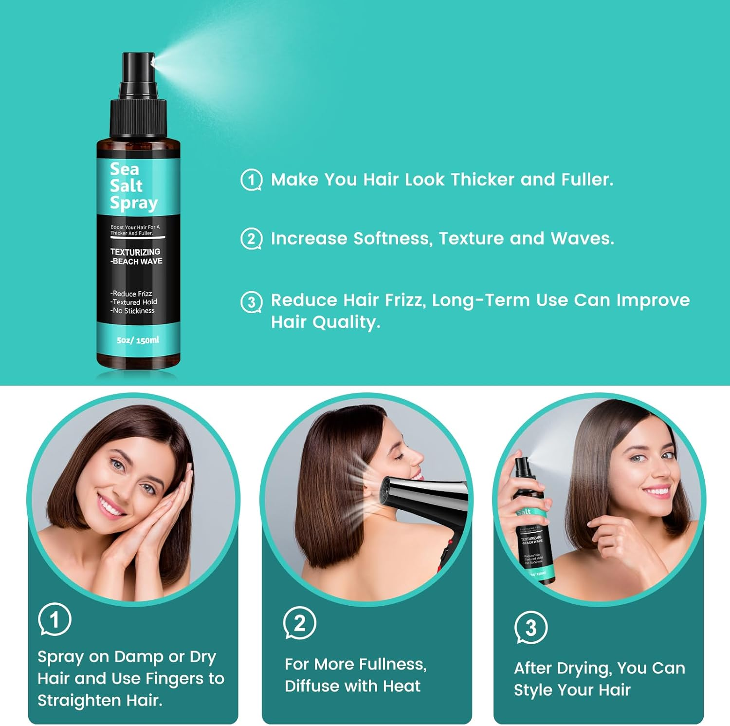 Sea Salt Hair Spray for Men and Women 5 Fl Oz - Dry Texturizing & Volumizing, Curl and Beach Waves Spray for Hair image number 2