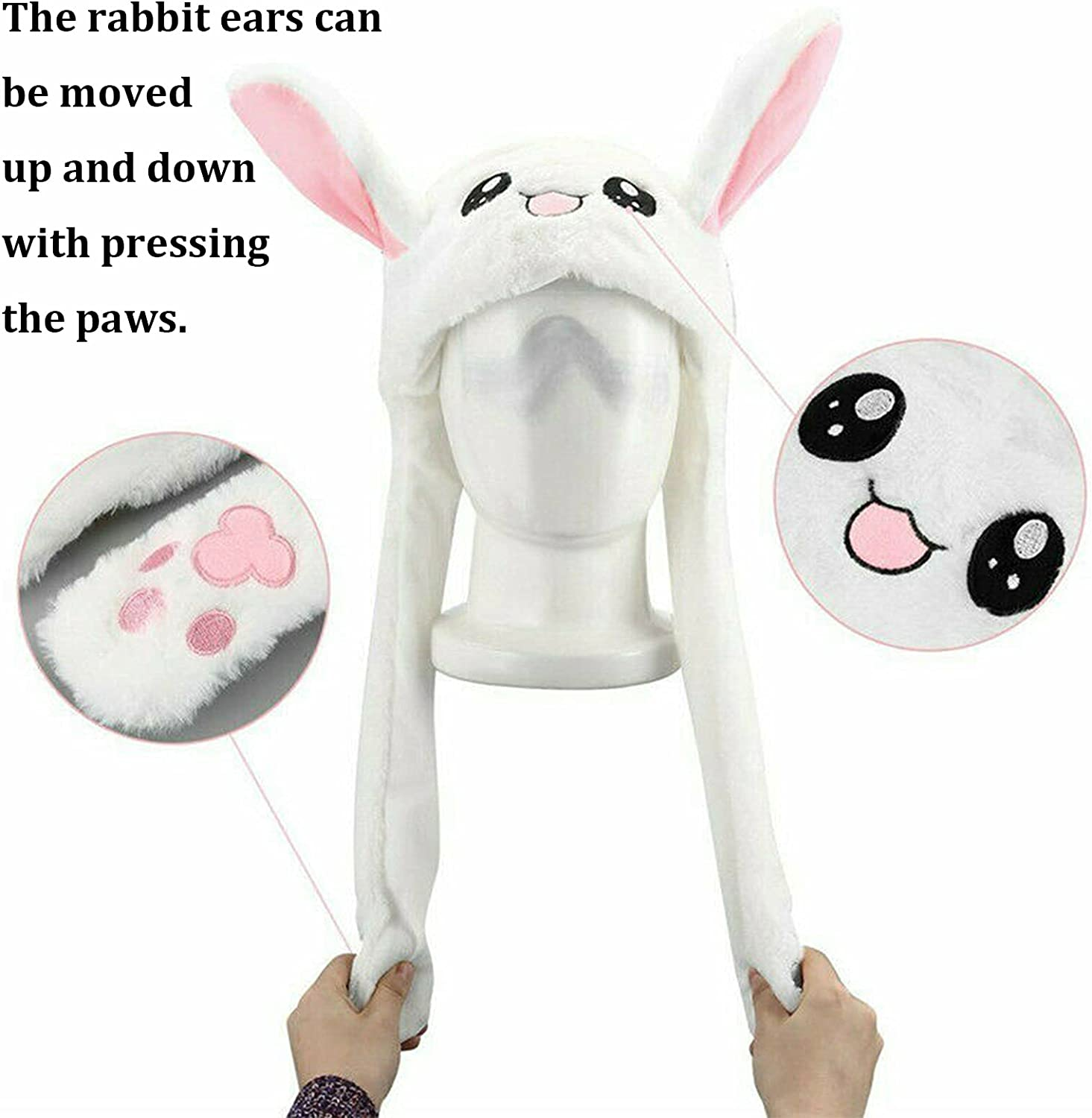 Funny Bunny Hat Ear Moving Jumping Rabbit Hats, MH MOIHSING Dancing Ear Hat Cute Animal Ear Flap Plush Hat Cap with Paws for Women Girls, Cosplay Christmas Party Holiday Hats (White)