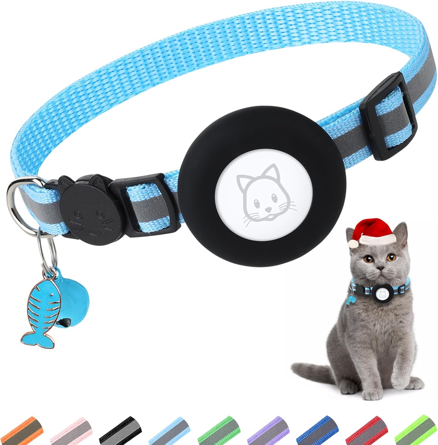 Simplethings Airtag Cat Collar, Air Tag Collar with Bell and Safety Buckle in 3/8'' Width, Reflective Waterproof Holder Compatible Apple for Dog Kitten Puppy (Black+Blue)