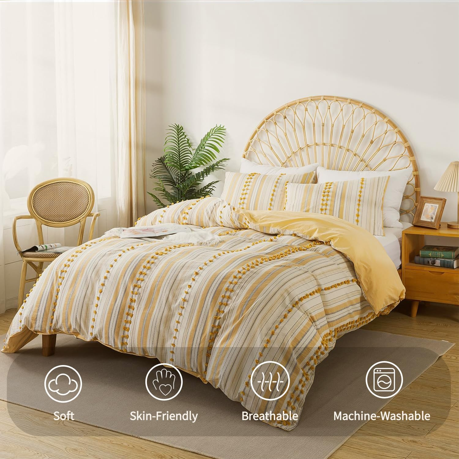 La Sheer Washed Cotton Queen Size Duvet Cover Set - Tufted Dots Boho Chic Bedding for All Seasons, Striped Pom Pom Bedding Linen like Textured Breathable Durable Soft Comfy (Yellow, 90X90'')