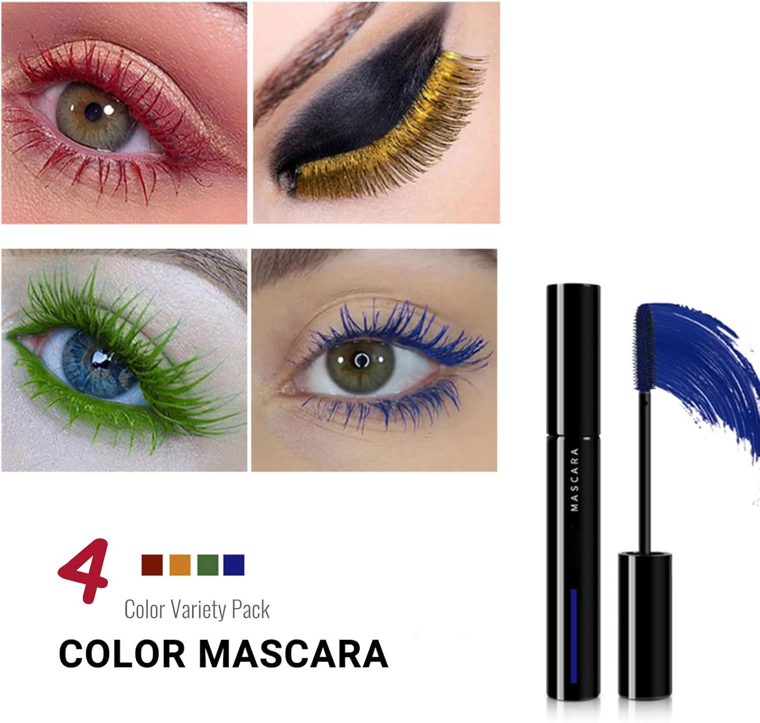 4 Colours Coloured Mascara, Colorful Mascara Blue Purple Green Red Mascara Waterproof Mascara, Length Volume, Long-Lasting Charming Rainbow Color 4D Silk Fiber Lash Volume-Effect image number 4