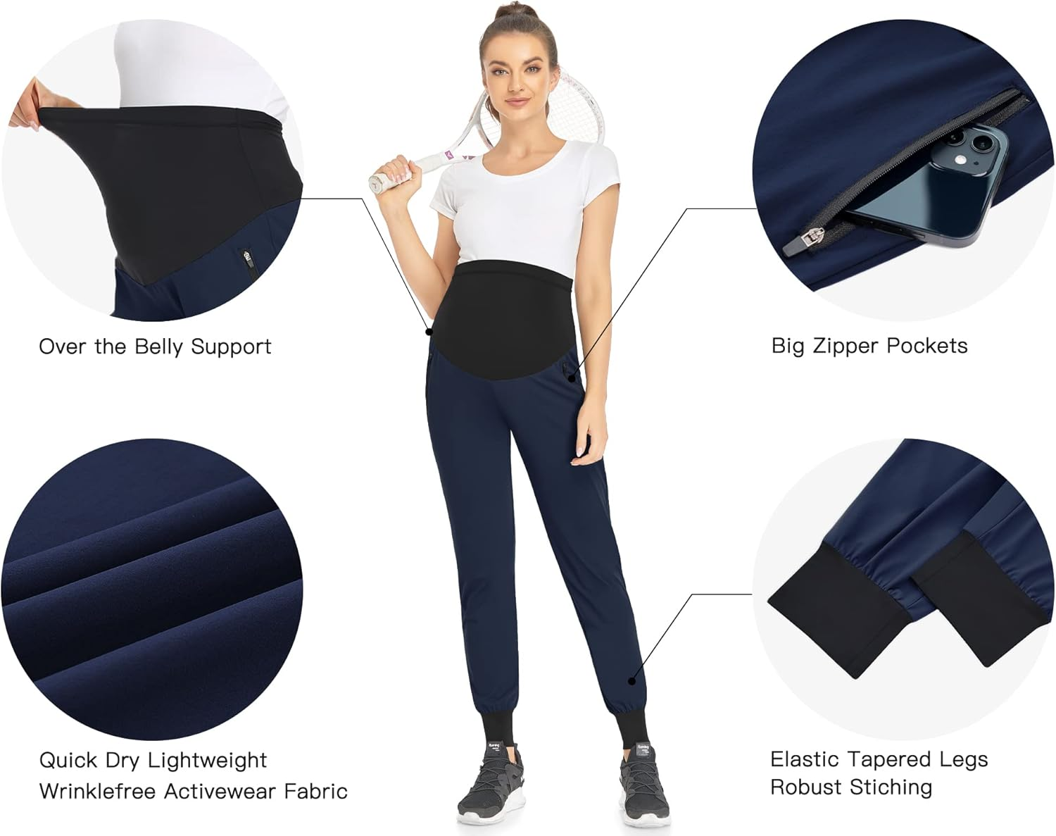 POSHGLAM Women'S Maternity Joggers Casual Scrub Pants Quick-Dry Lightweight Active Pants(Dark Navy, Medium), Blue image number 1