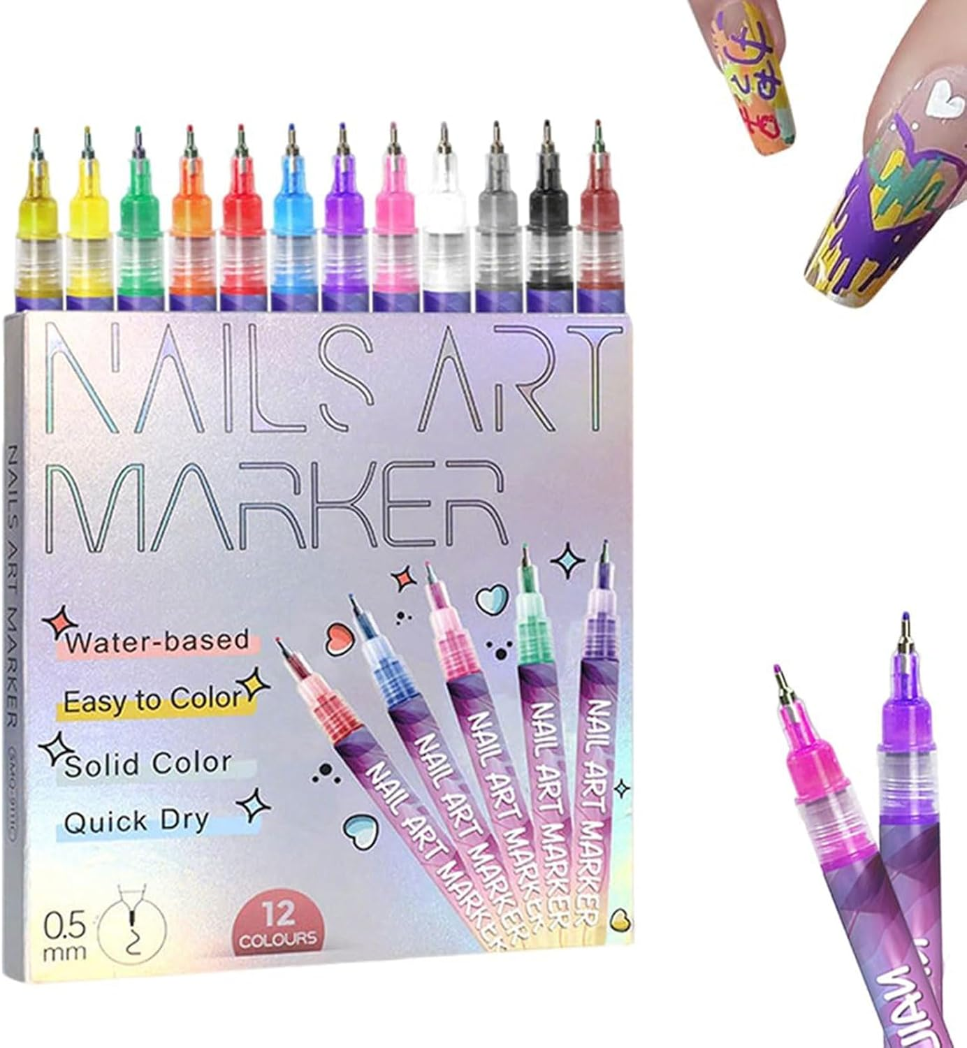 12 Colors Nail Art Pens Set, Nail Art Markers Polish Pen for 3D Nail Art, Drawing Painting Liner Brush for DIY Nail Art Beauty Adorn Manicure Tools